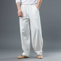 Men's Cotton Linen Straight Leg Pants, Elastic Waist Vintage Cotton Linen Pants