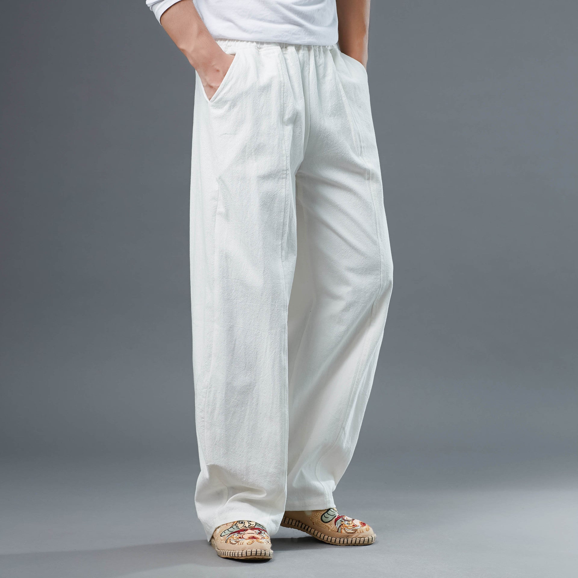 Men's Cotton Linen Straight Leg Pants, Elastic Waist Vintage Cotton Linen Pants