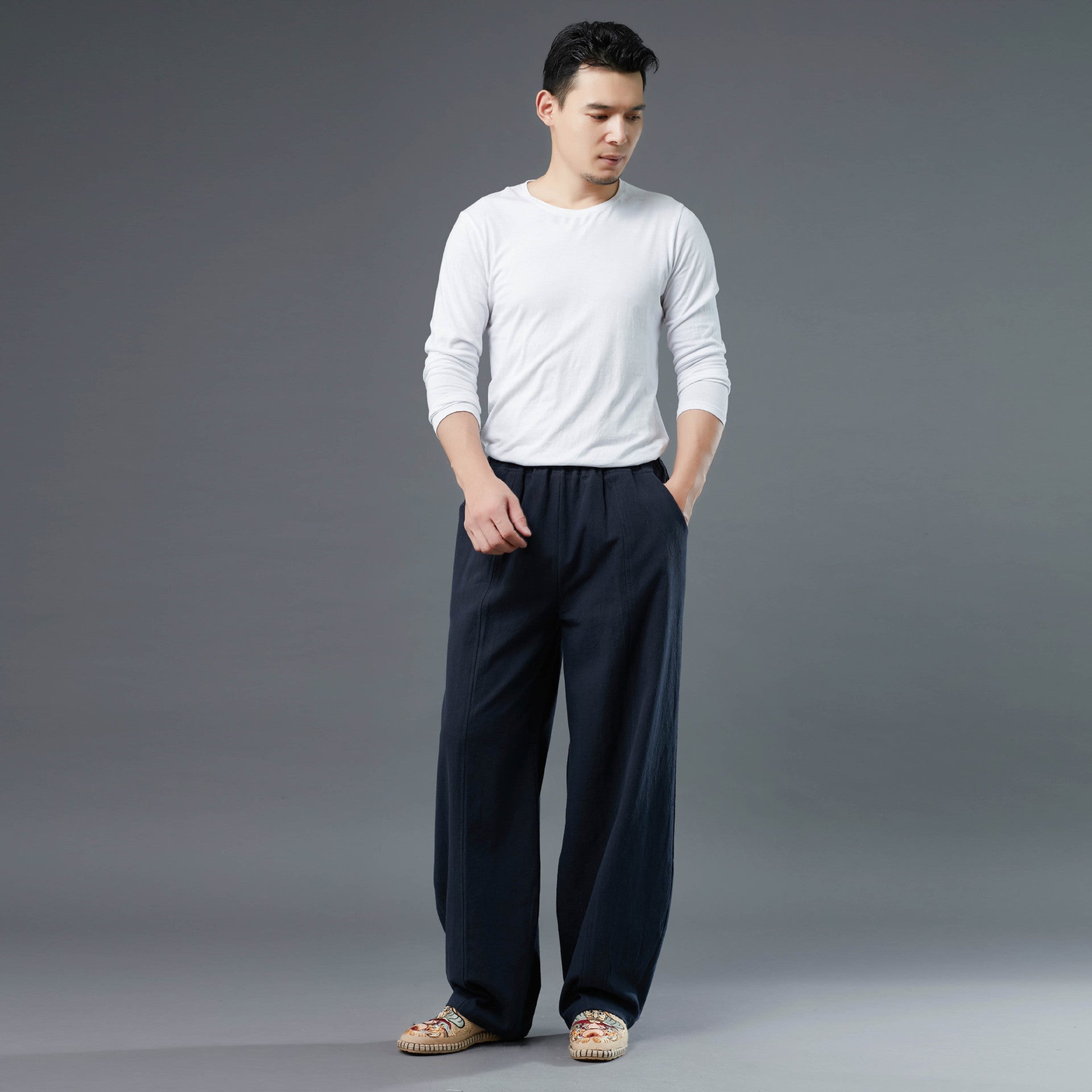 Men's Cotton Linen Straight Leg Pants, Elastic Waist Vintage Cotton Linen Pants