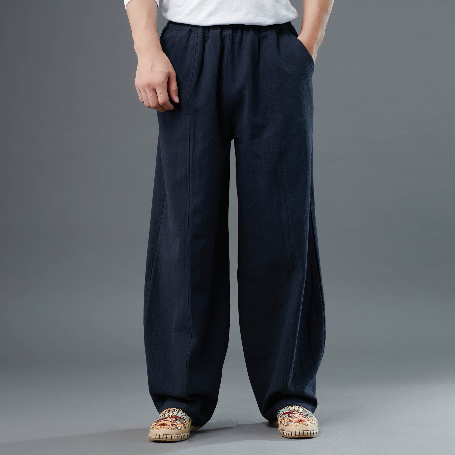 Men's Cotton Linen Straight Leg Pants, Elastic Waist Vintage Cotton Linen Pants