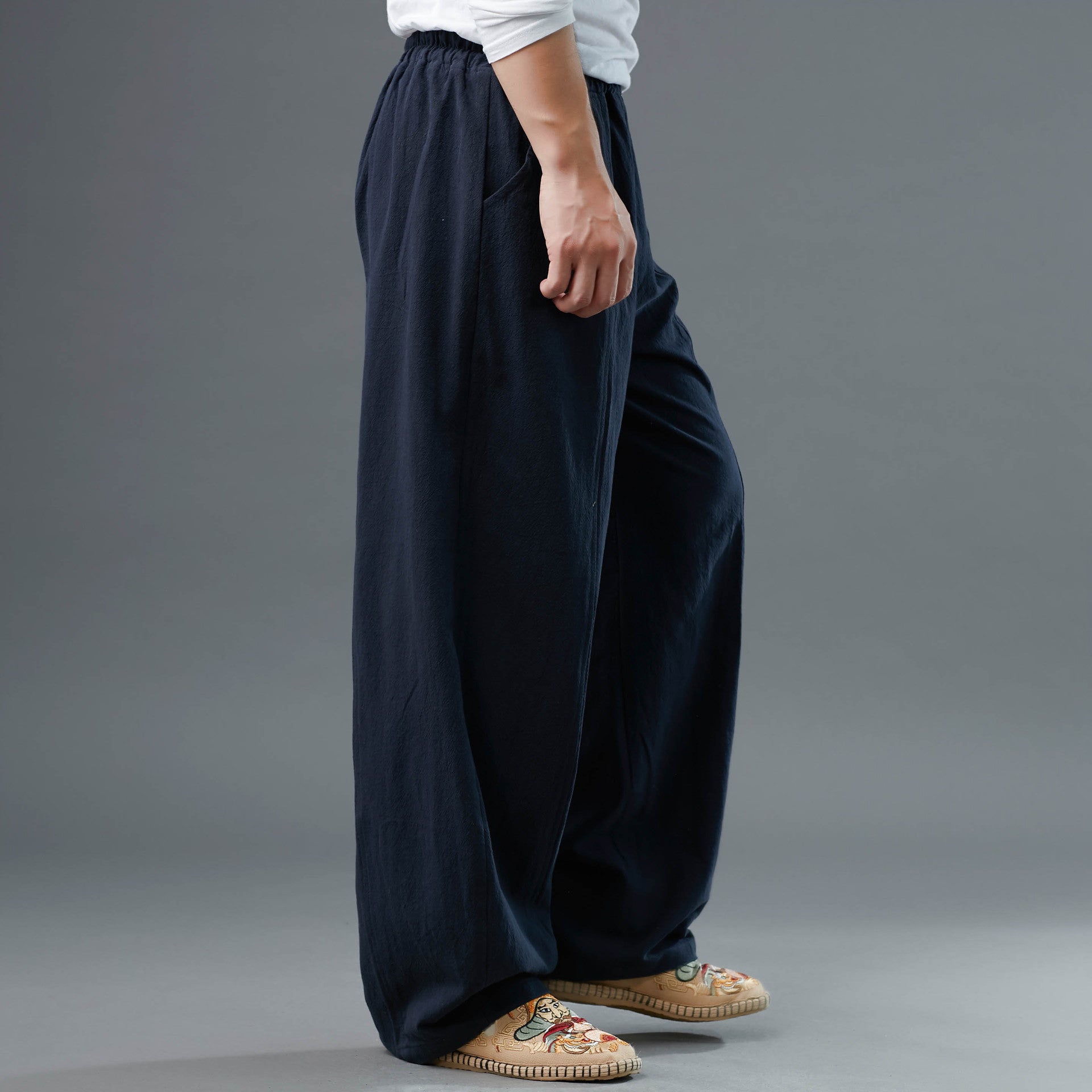 Men's Cotton Linen Straight Leg Pants, Elastic Waist Vintage Cotton Linen Pants