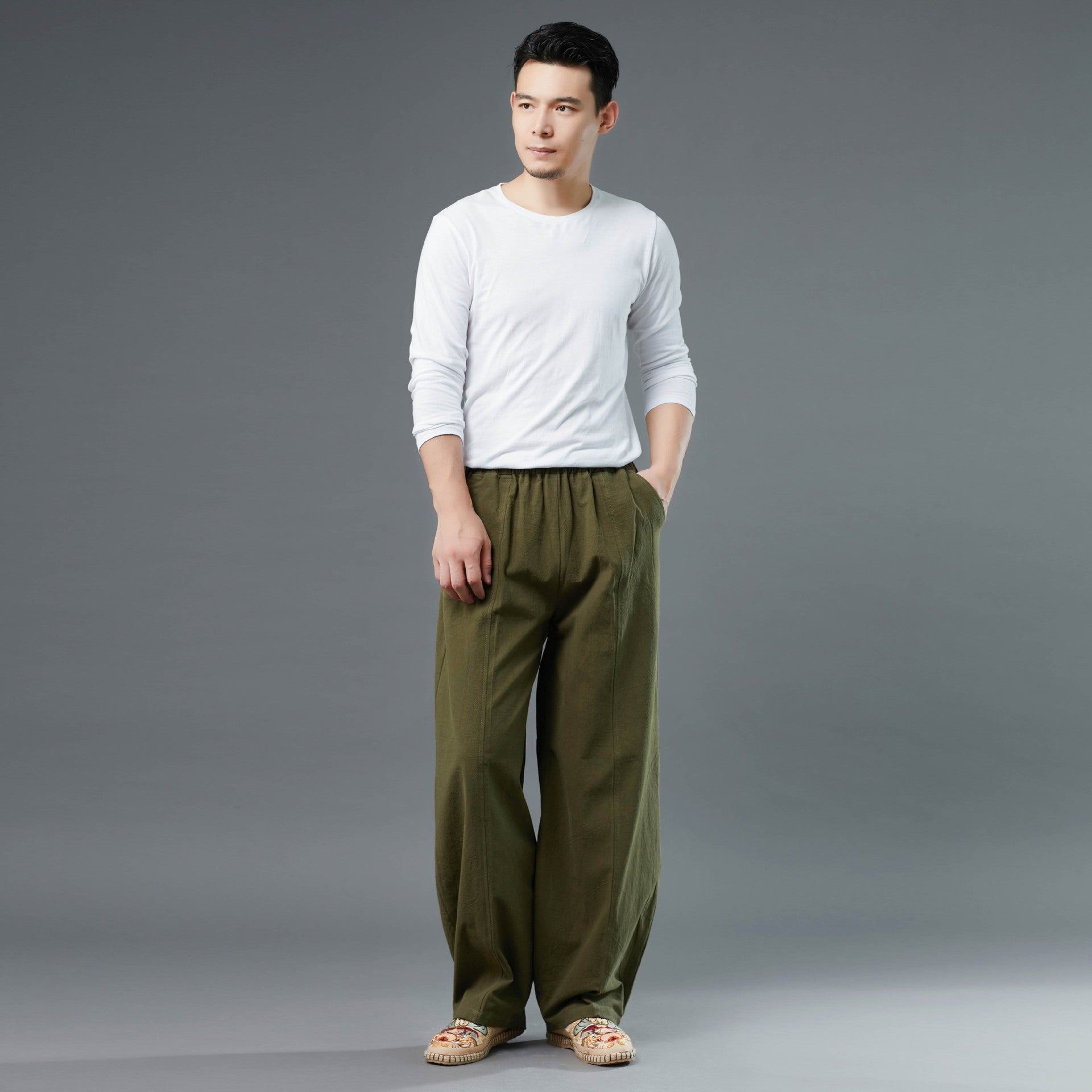 Men's Cotton Linen Straight Leg Pants, Elastic Waist Vintage Cotton Linen Pants