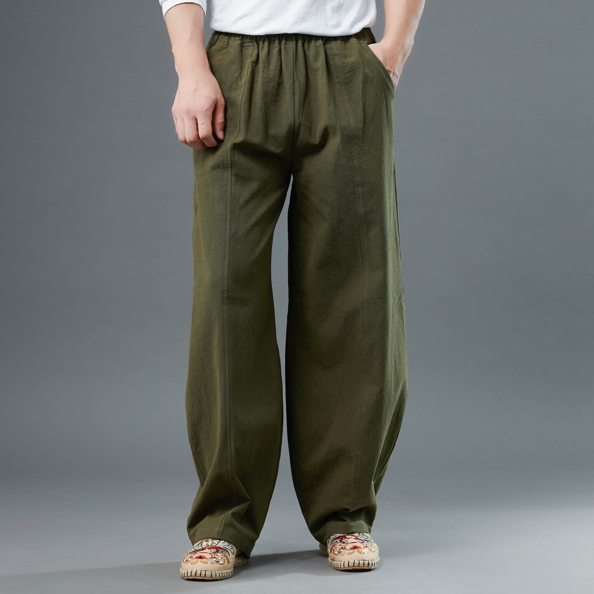 Men's Cotton Linen Straight Leg Pants, Elastic Waist Vintage Cotton Linen Pants