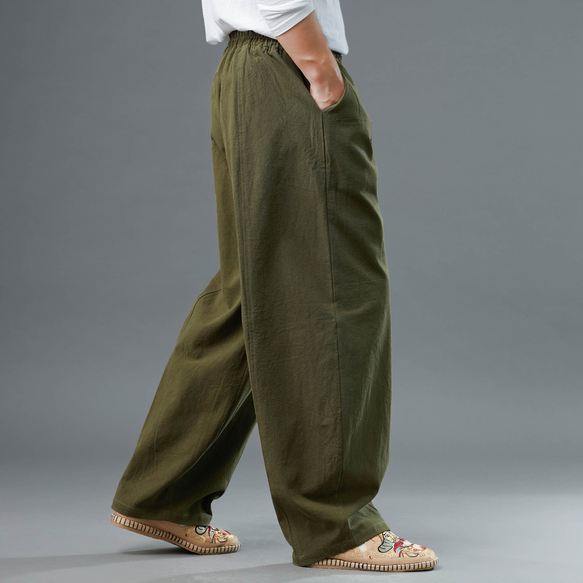 Men's Cotton Linen Straight Leg Pants, Elastic Waist Vintage Cotton Linen Pants