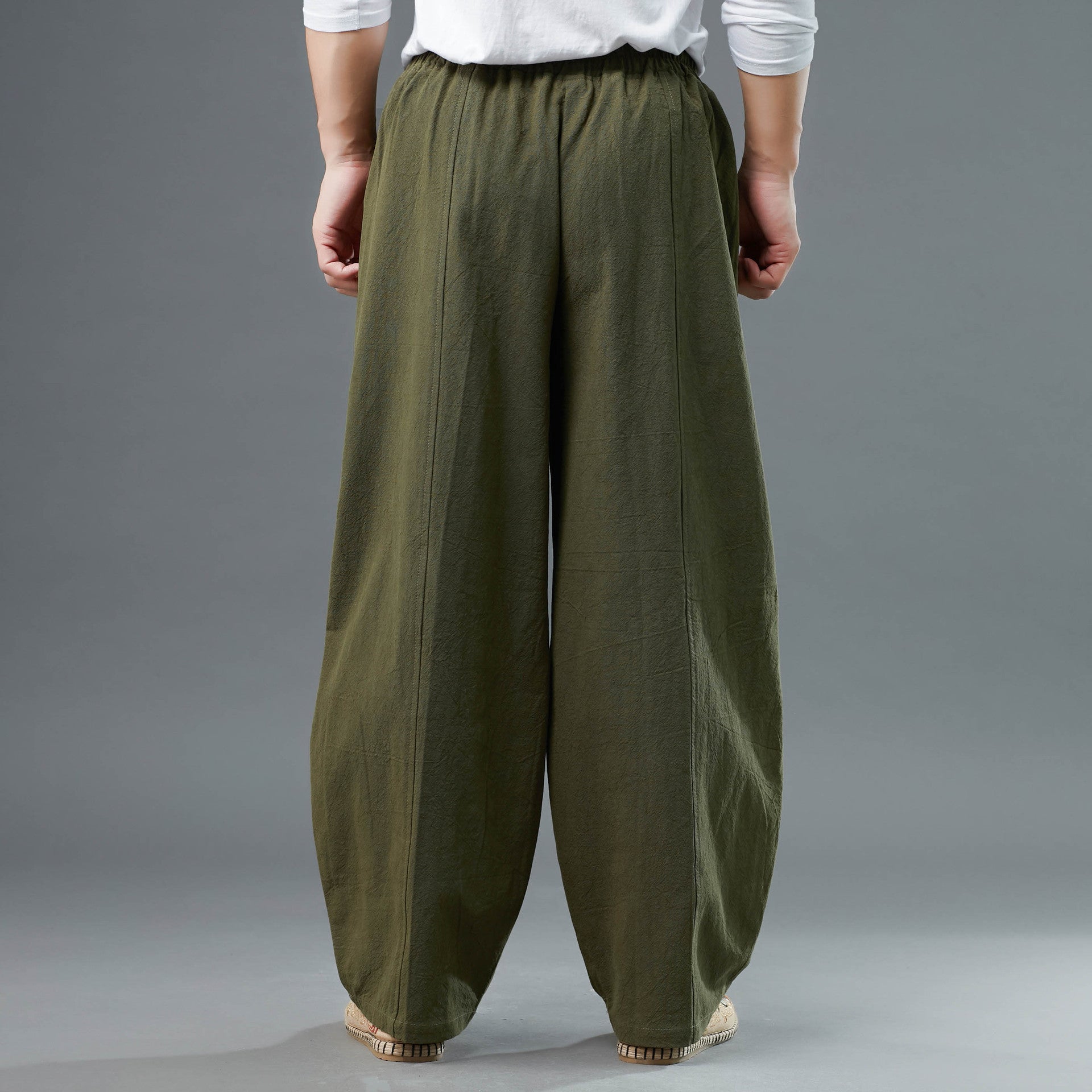 Men's Cotton Linen Straight Leg Pants, Elastic Waist Vintage Cotton Linen Pants