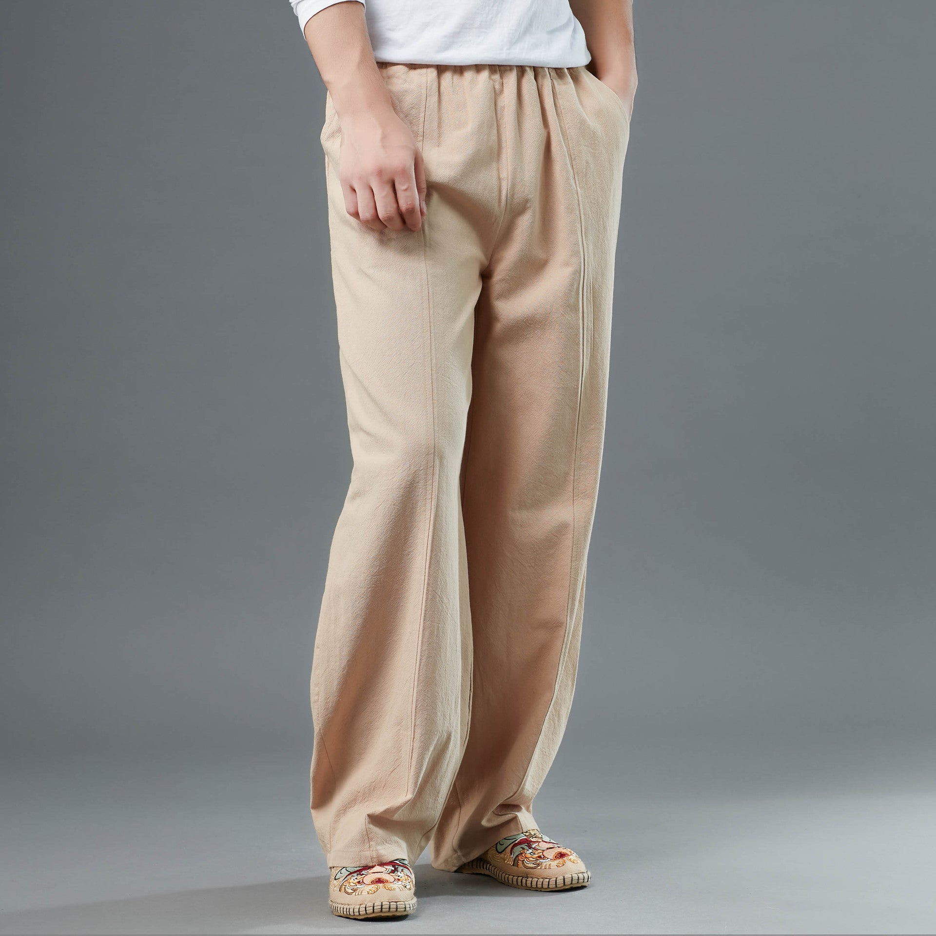 Men's Cotton Linen Straight Leg Pants, Elastic Waist Vintage Cotton Linen Pants