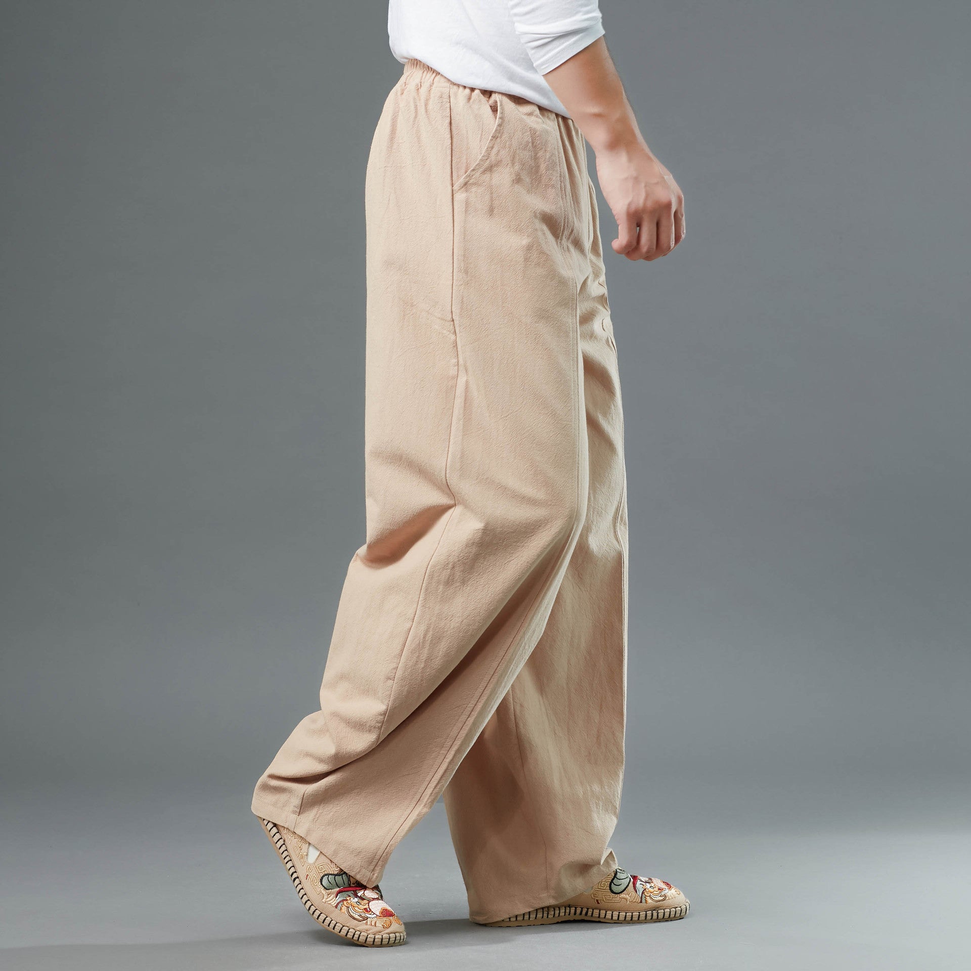 Men's Cotton Linen Straight Leg Pants, Elastic Waist Vintage Cotton Linen Pants