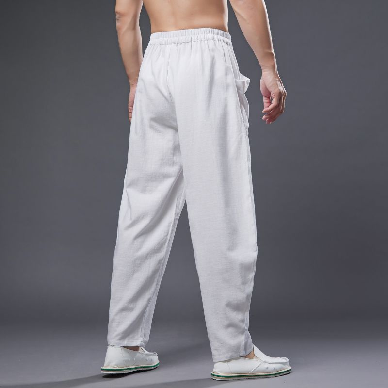 Summer men's cotton linen tapered pant, vintage loose casual elastic waistband drawstring pant