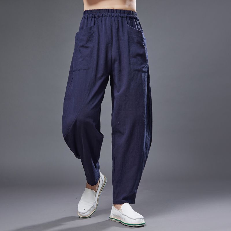 Summer men's cotton linen tapered pant, vintage loose casual elastic waistband drawstring pant