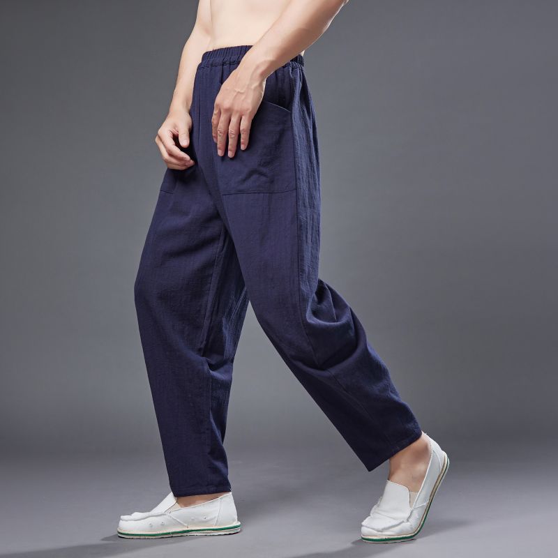 Summer men's cotton linen tapered pant, vintage loose casual elastic waistband drawstring pant