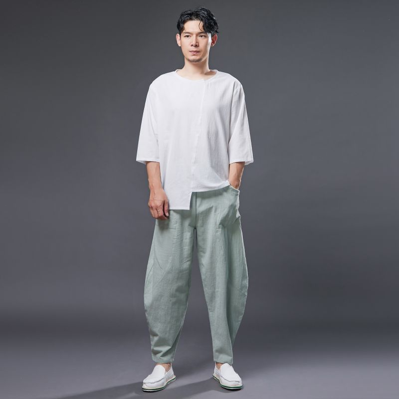 Summer men's cotton linen tapered pant, vintage loose casual elastic waistband drawstring pant