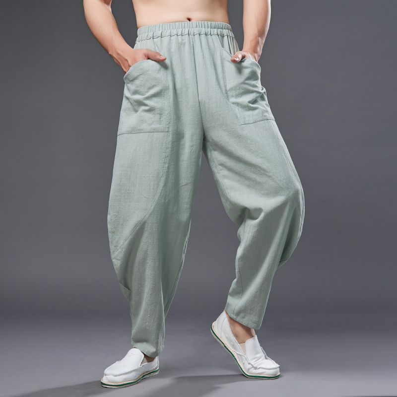 Summer men's cotton linen tapered pant, vintage loose casual elastic waistband drawstring pant