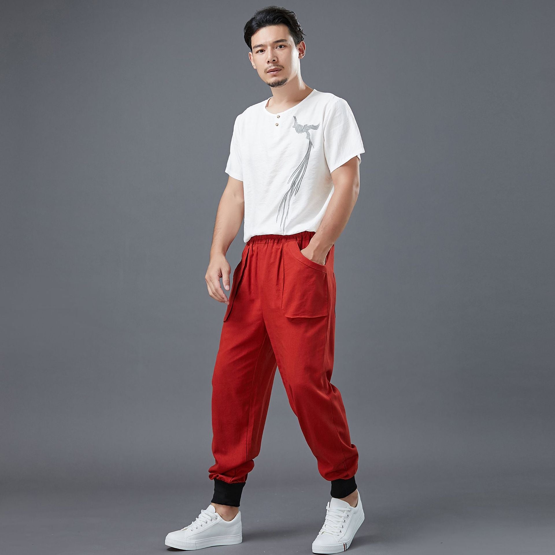 Men's cotton linen tapered pants, vintage loose casual elastic waistband drawstring pants