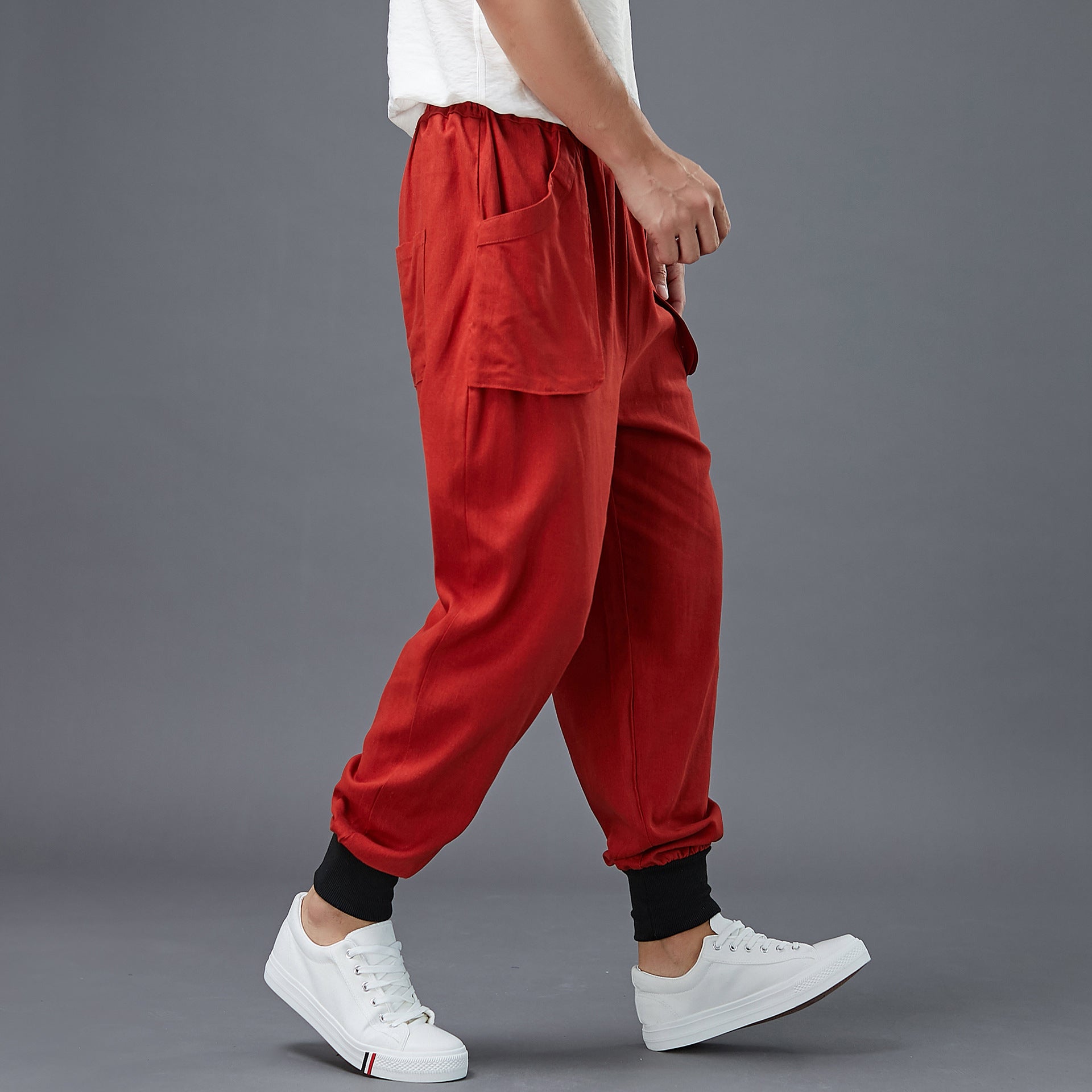 Men's cotton linen tapered pants, vintage loose casual elastic waistband drawstring pants