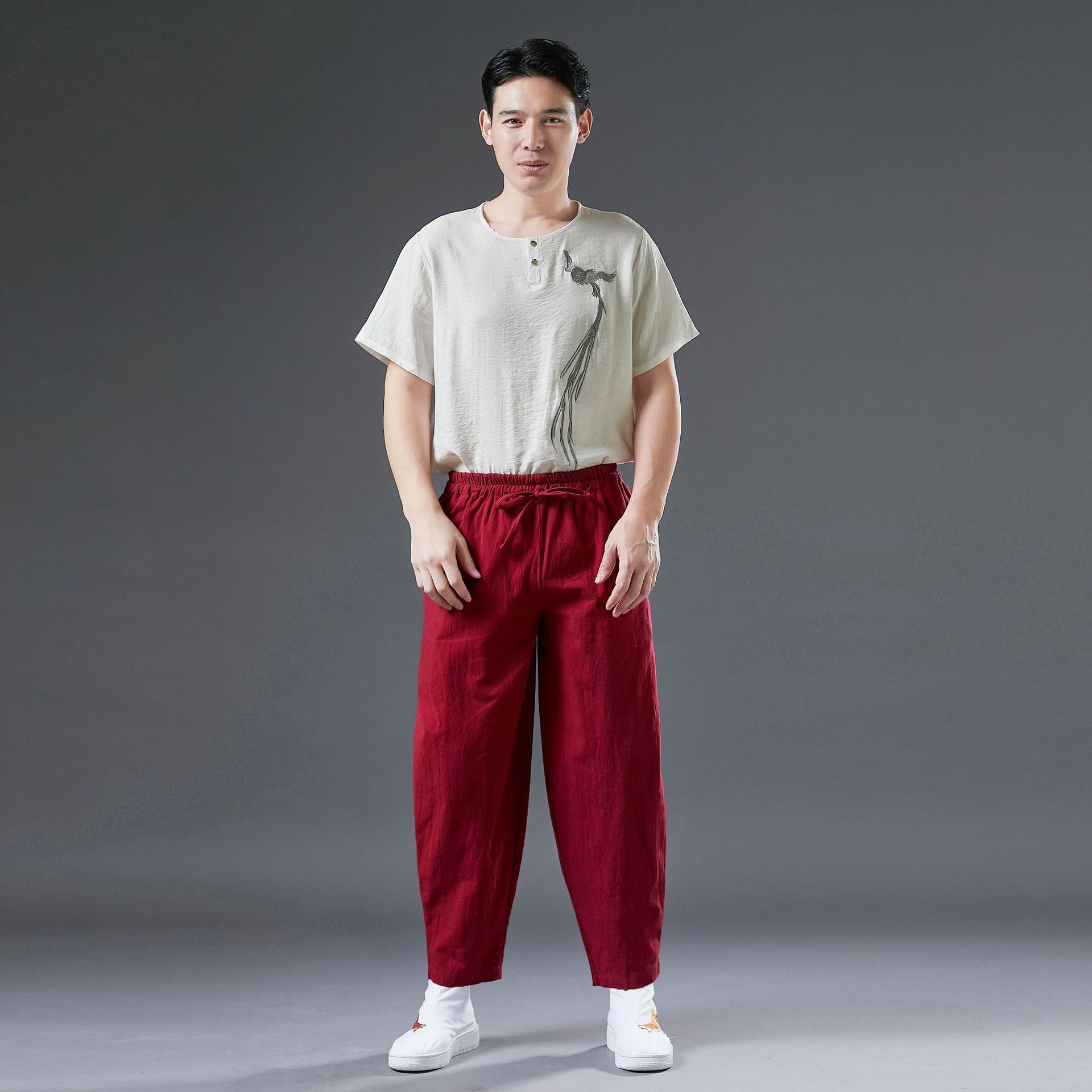 Summer Men's Cotton Linen Tapered Pants, Vintage Loose Casual Elastic Waist Straight Leg Pants