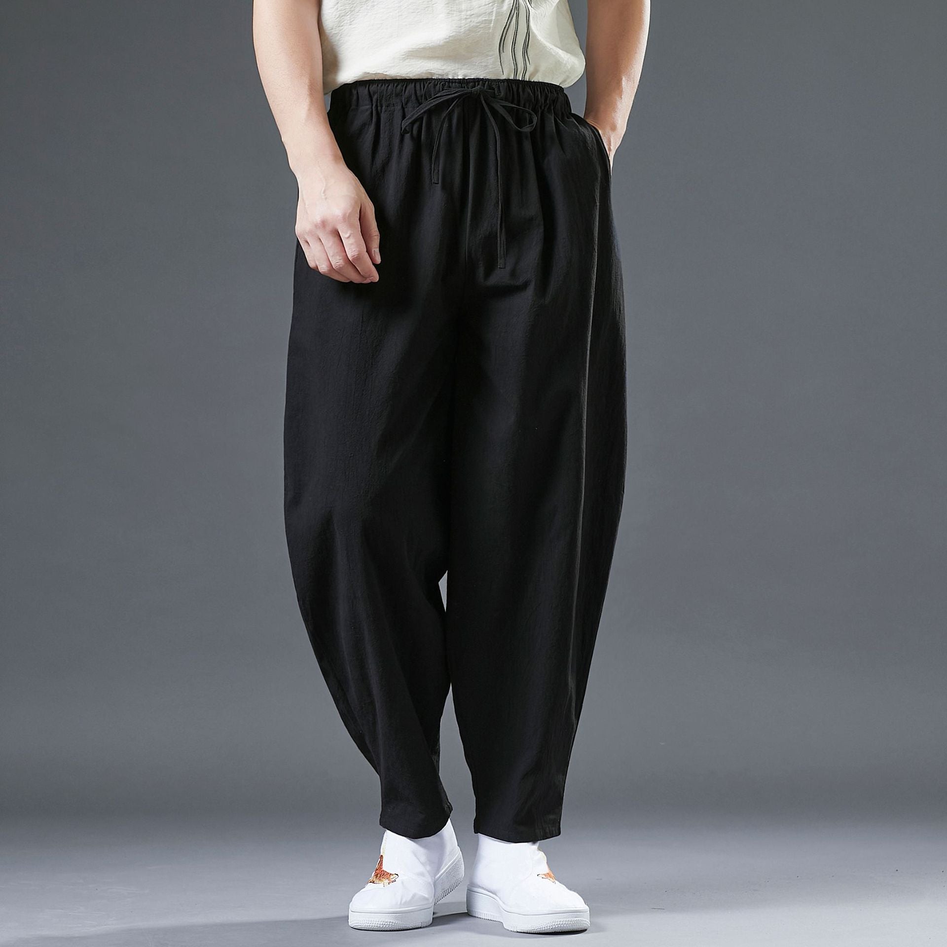 Summer Men's Cotton Linen Tapered Pants, Vintage Loose Casual Elastic Waist Straight Leg Pants