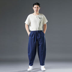 Summer Men's Cotton Linen Tapered Pants, Vintage Loose Casual Elastic Waist Straight Leg Pants