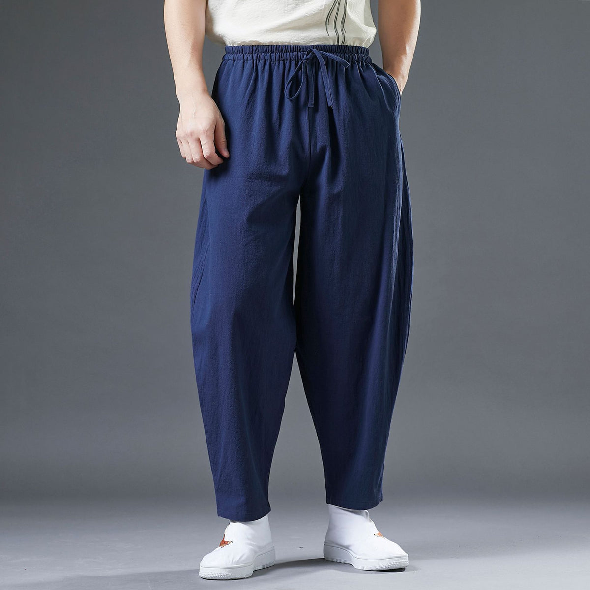 Summer Men's Cotton Linen Tapered Pants, Vintage Loose Casual Elastic Waist Straight Leg Pants