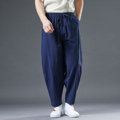 Summer Men's Cotton Linen Tapered Pants, Vintage Loose Casual Elastic Waist Straight Leg Pants