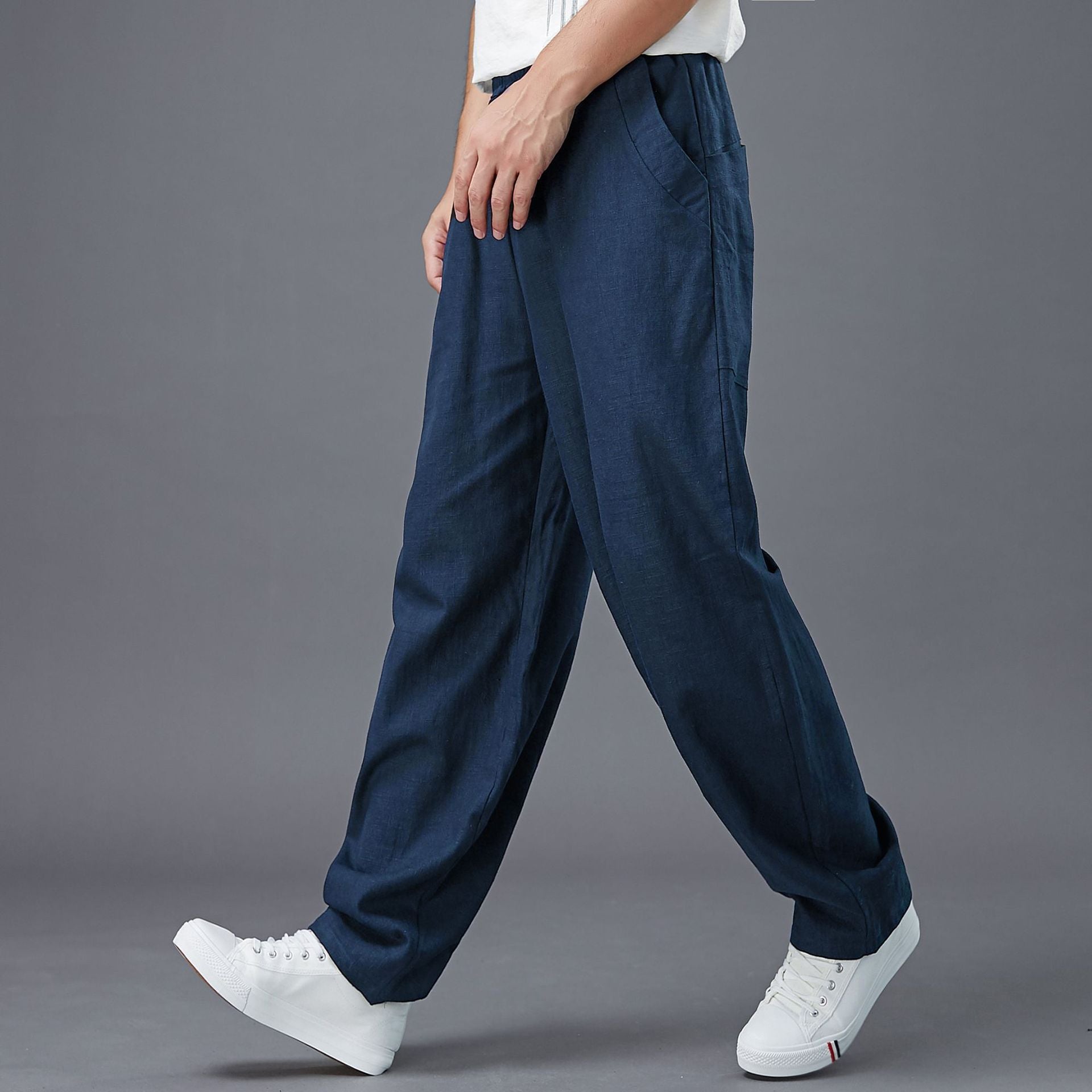 Summer Men's Cotton Linen Pants, Vintage Loose Casual Elastic Waist Straight Leg Pants