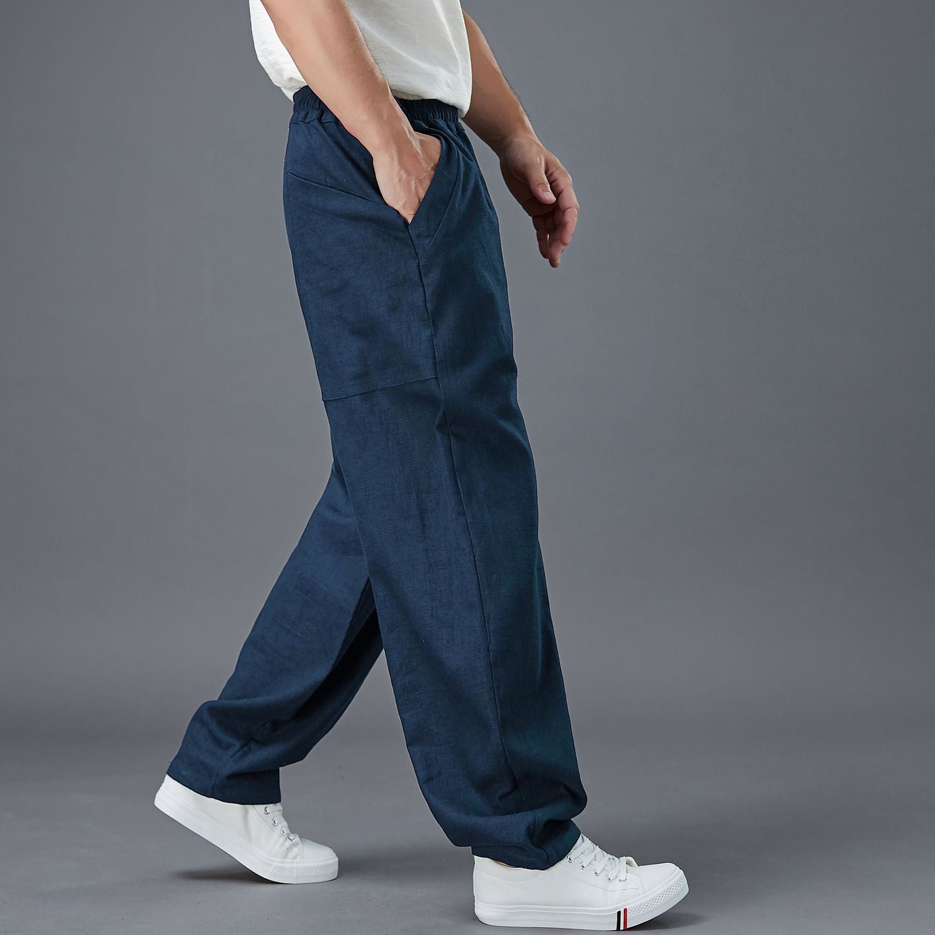 Summer Men's Cotton Linen Pants, Vintage Loose Casual Elastic Waist Straight Leg Pants