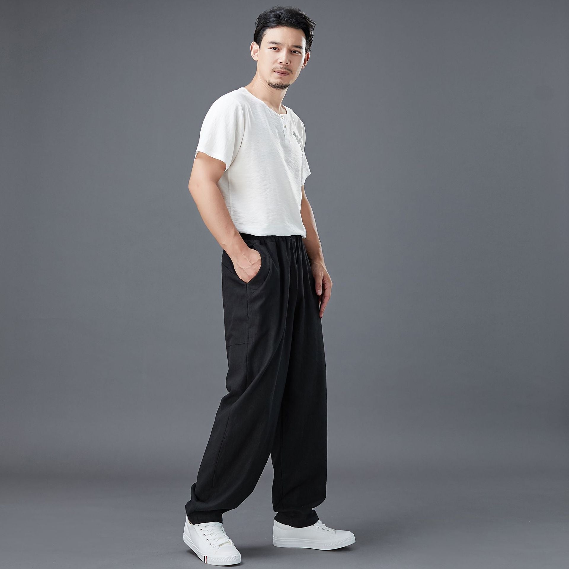 Summer Men's Cotton Linen Pants, Vintage Loose Casual Elastic Waist Straight Leg Pants