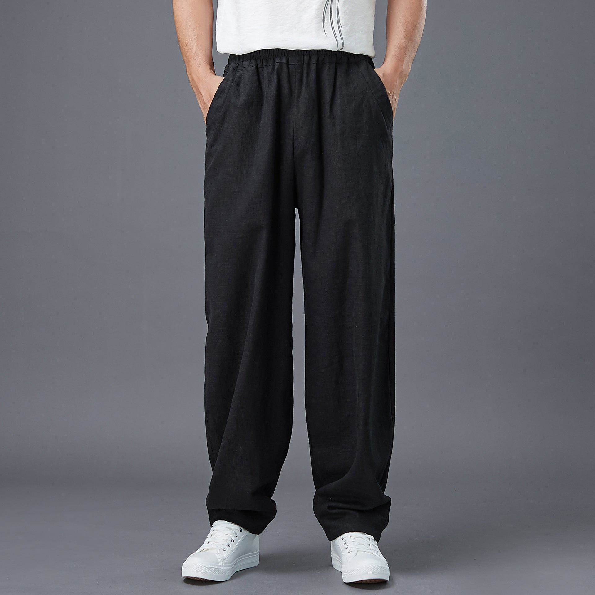 Summer Men's Cotton Linen Pants, Vintage Loose Casual Elastic Waist Straight Leg Pants