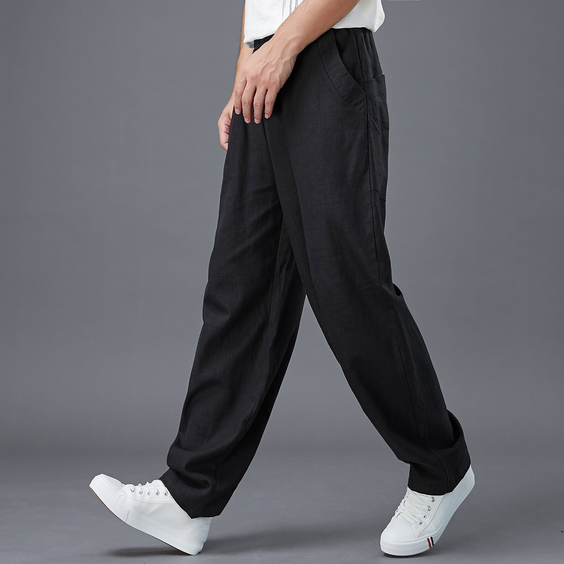 Summer Men's Cotton Linen Pants, Vintage Loose Casual Elastic Waist Straight Leg Pants