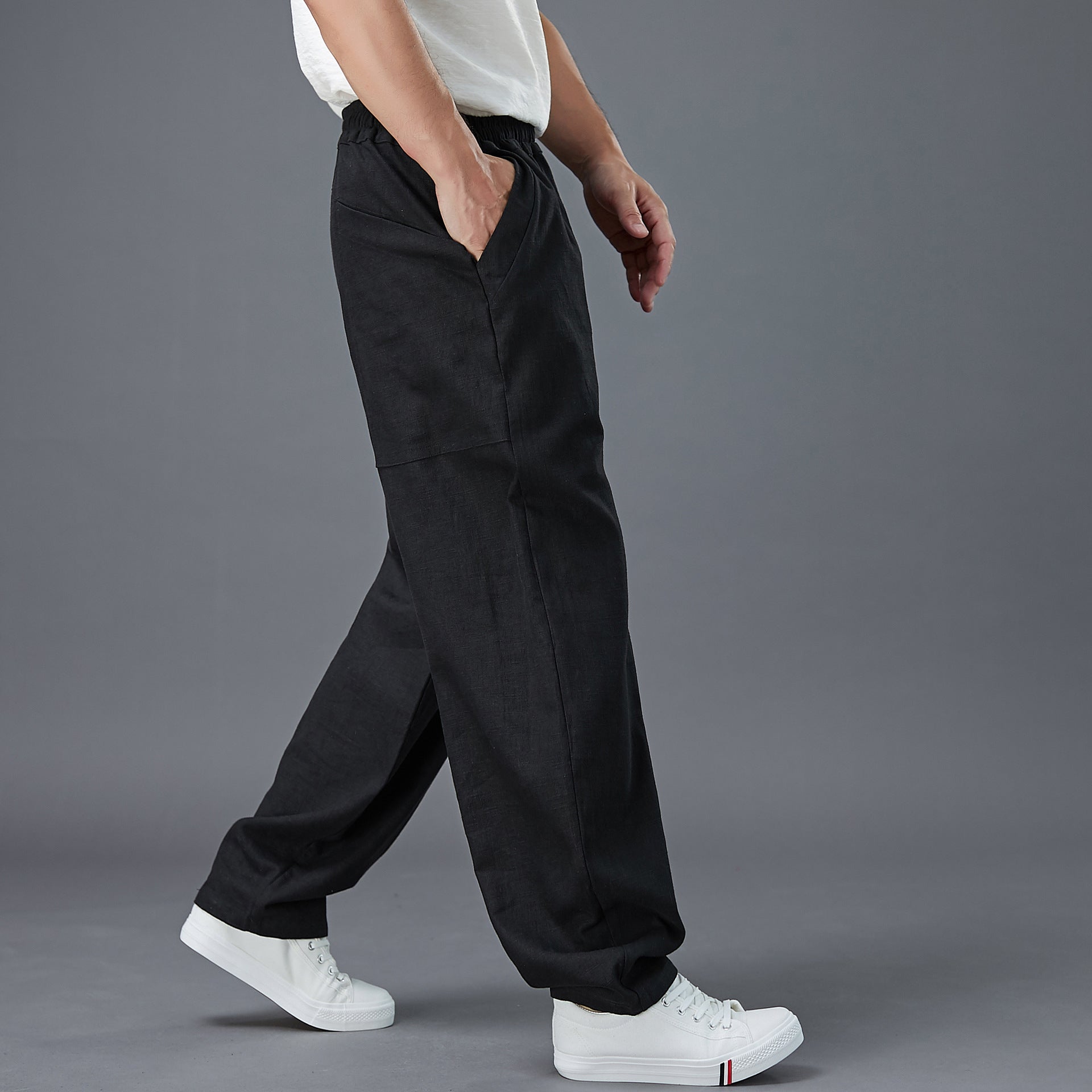 Summer Men's Cotton Linen Pants, Vintage Loose Casual Elastic Waist Straight Leg Pants