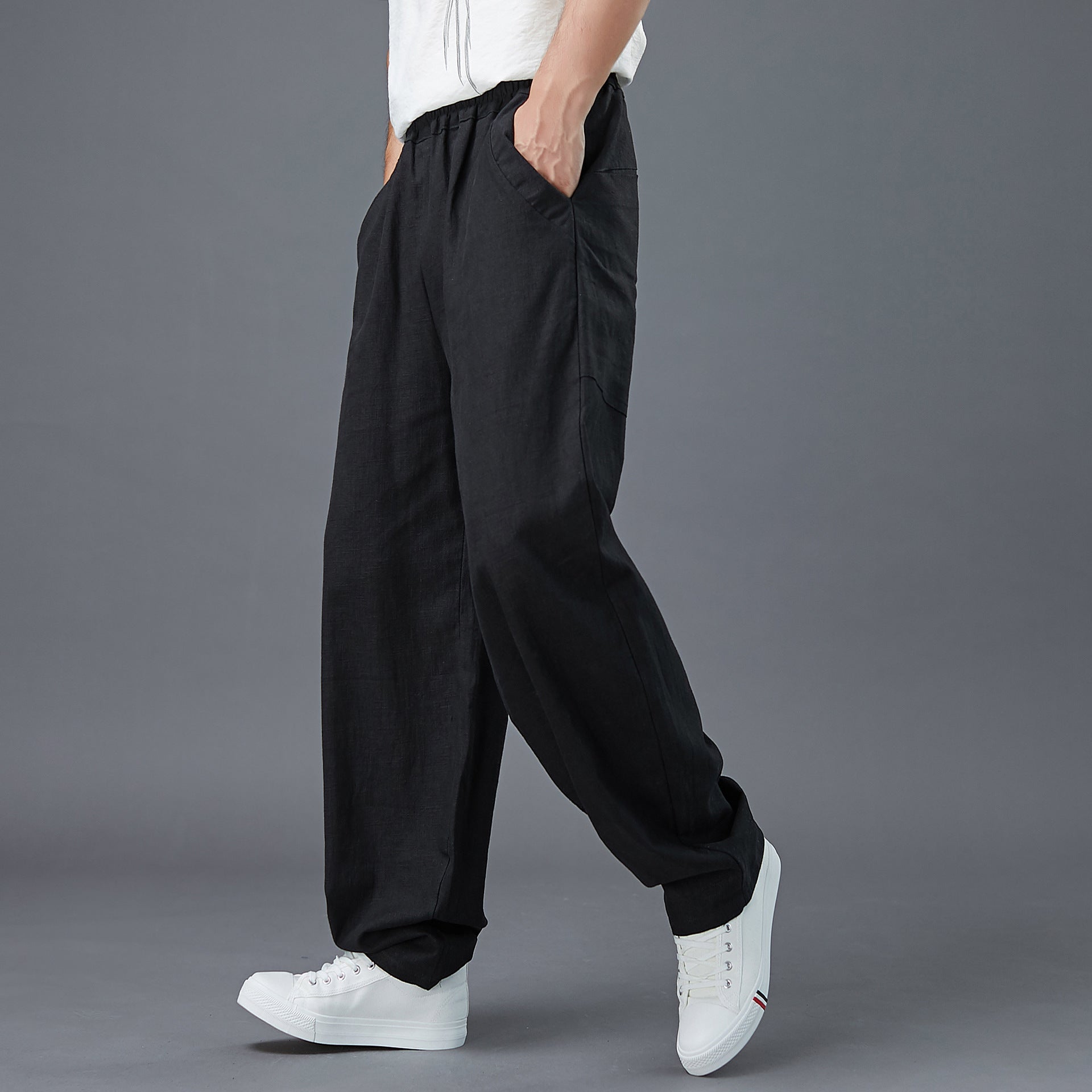 Summer Men's Cotton Linen Pants, Vintage Loose Casual Elastic Waist Straight Leg Pants