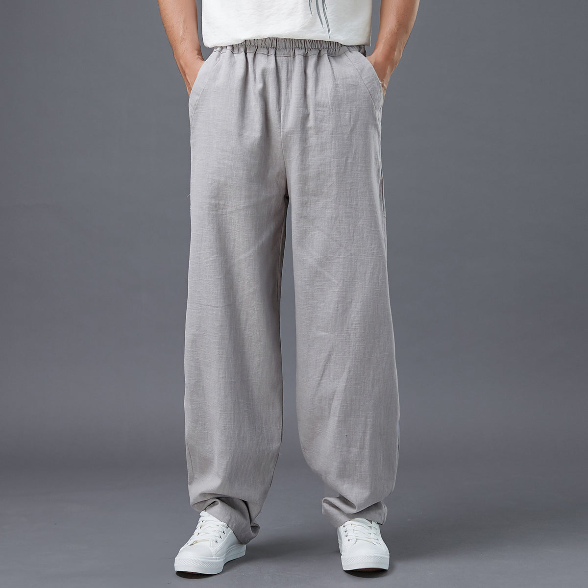 Summer Men's Cotton Linen Pants, Vintage Loose Casual Elastic Waist Straight Leg Pants