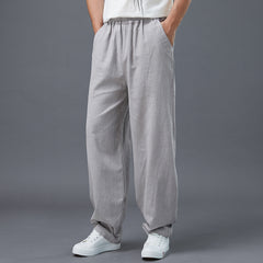 Summer Men's Cotton Linen Pants, Vintage Loose Casual Elastic Waist Straight Leg Pants