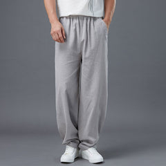 Summer Men's Cotton Linen Pants, Vintage Loose Casual Elastic Waist Straight Leg Pants