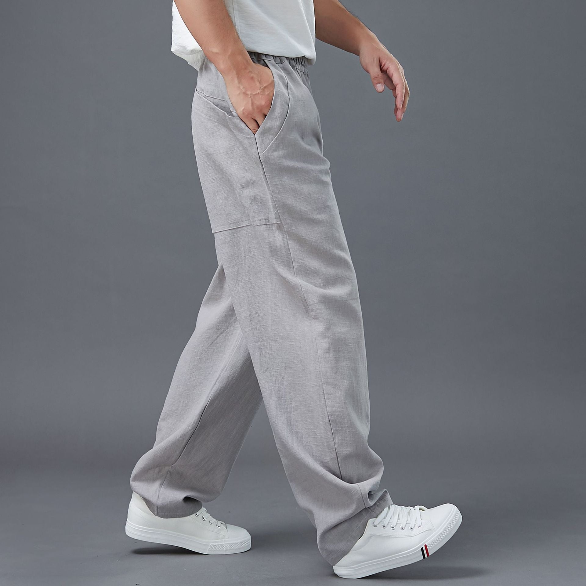 Summer Men's Cotton Linen Pants, Vintage Loose Casual Elastic Waist Straight Leg Pants