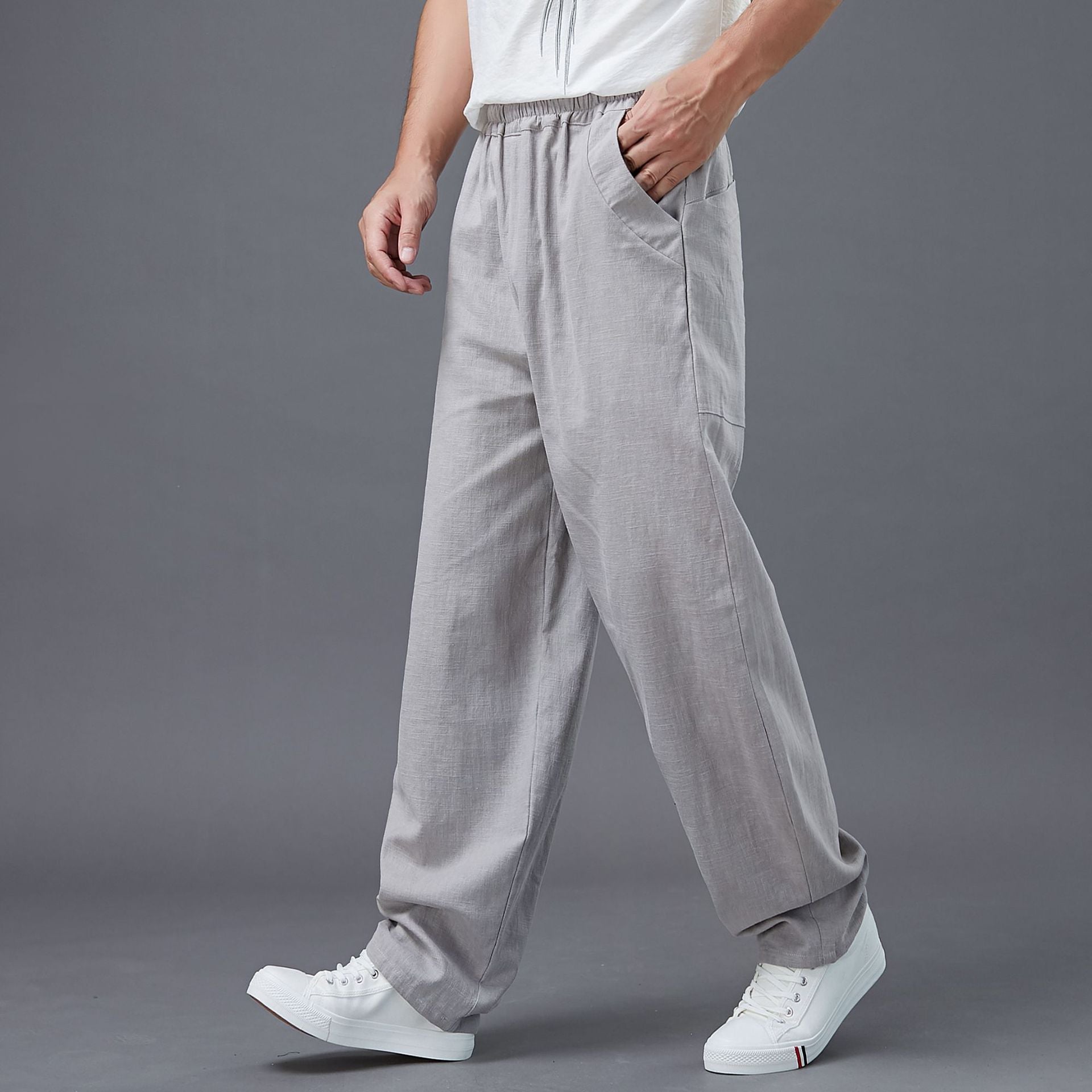 Summer Men's Cotton Linen Pants, Vintage Loose Casual Elastic Waist Straight Leg Pants