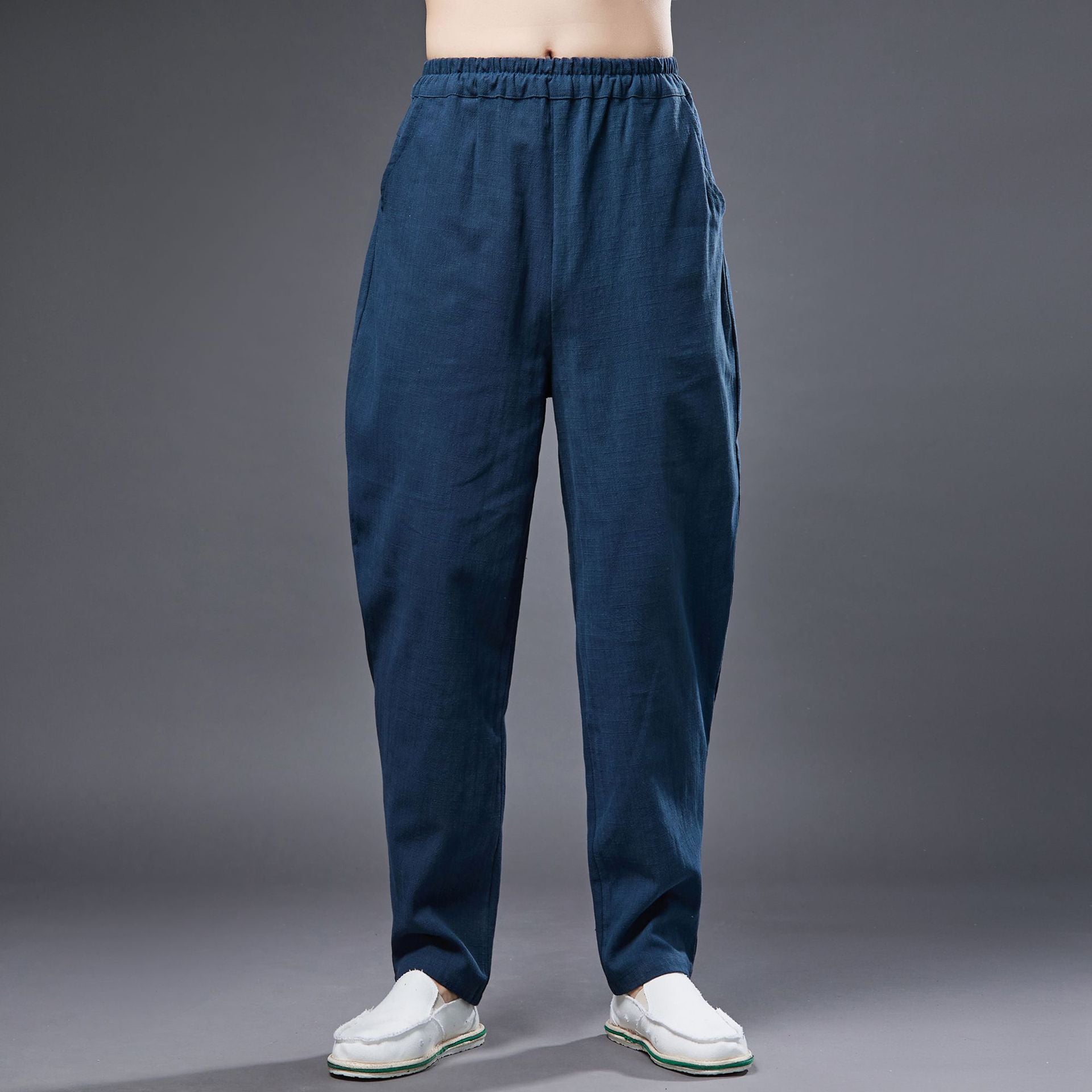 Summer men's cotton linen tapered trousers . Vintage loose casual elastic waist trousers