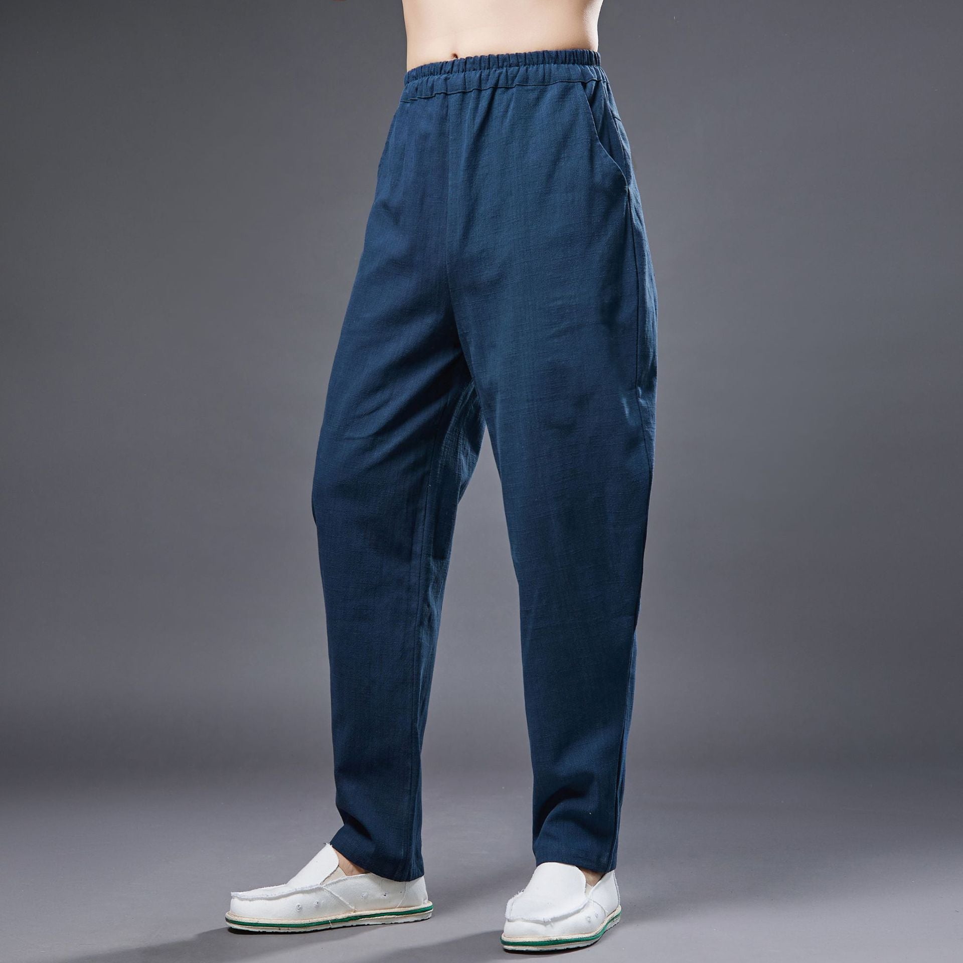 Summer men's cotton linen tapered trousers . Vintage loose casual elastic waist trousers