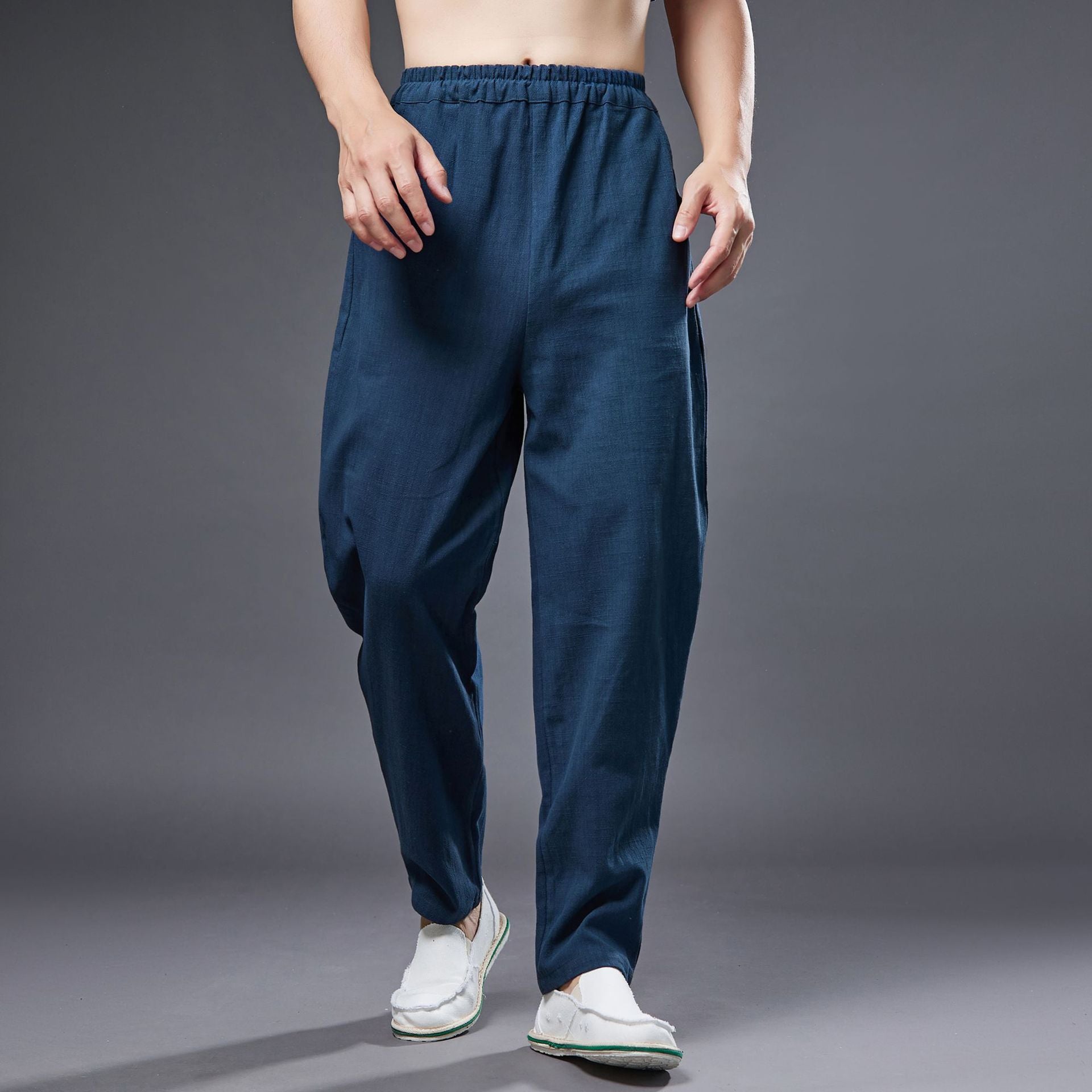 Summer men's cotton linen tapered trousers . Vintage loose casual elastic waist trousers