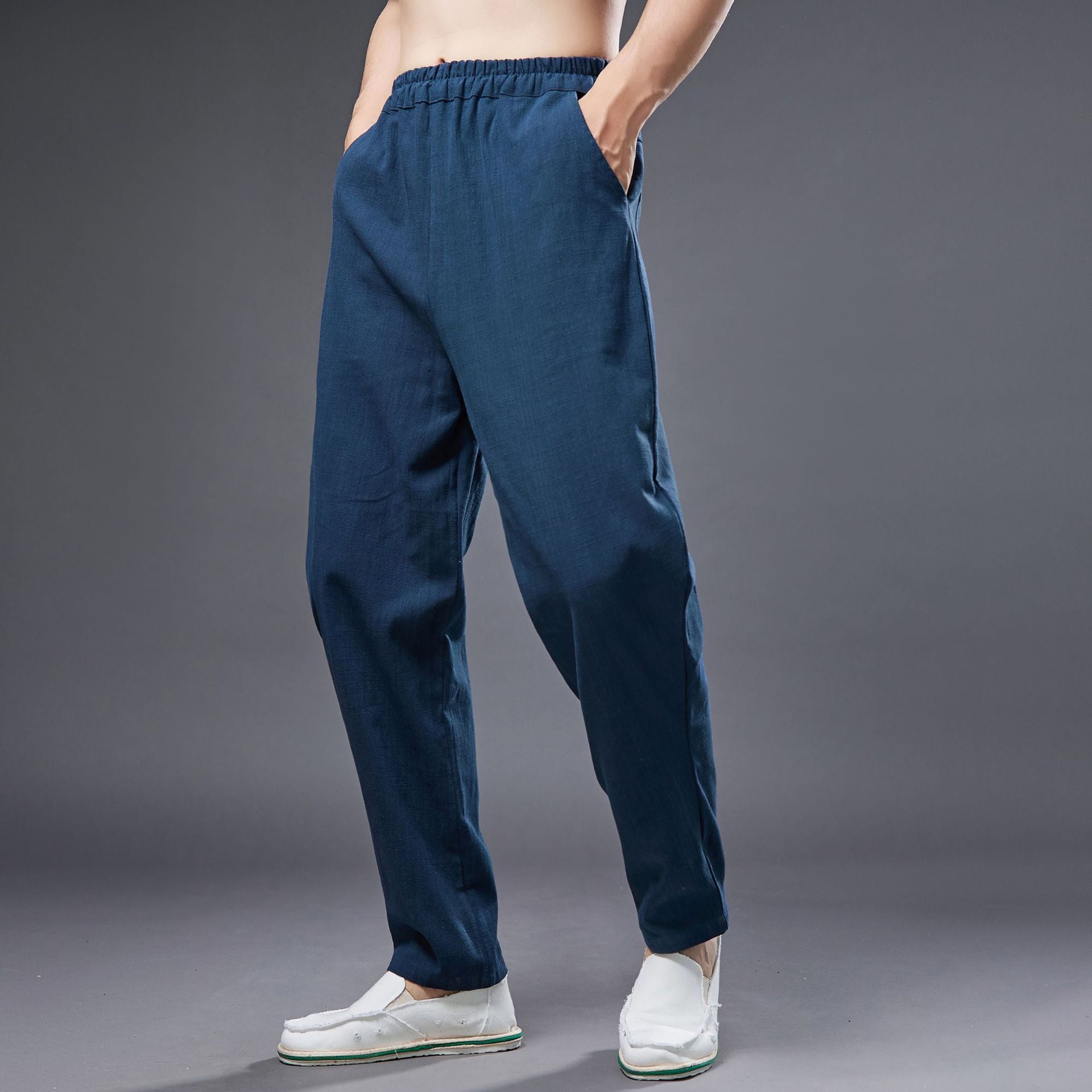 Summer men's cotton linen tapered trousers . Vintage loose casual elastic waist trousers