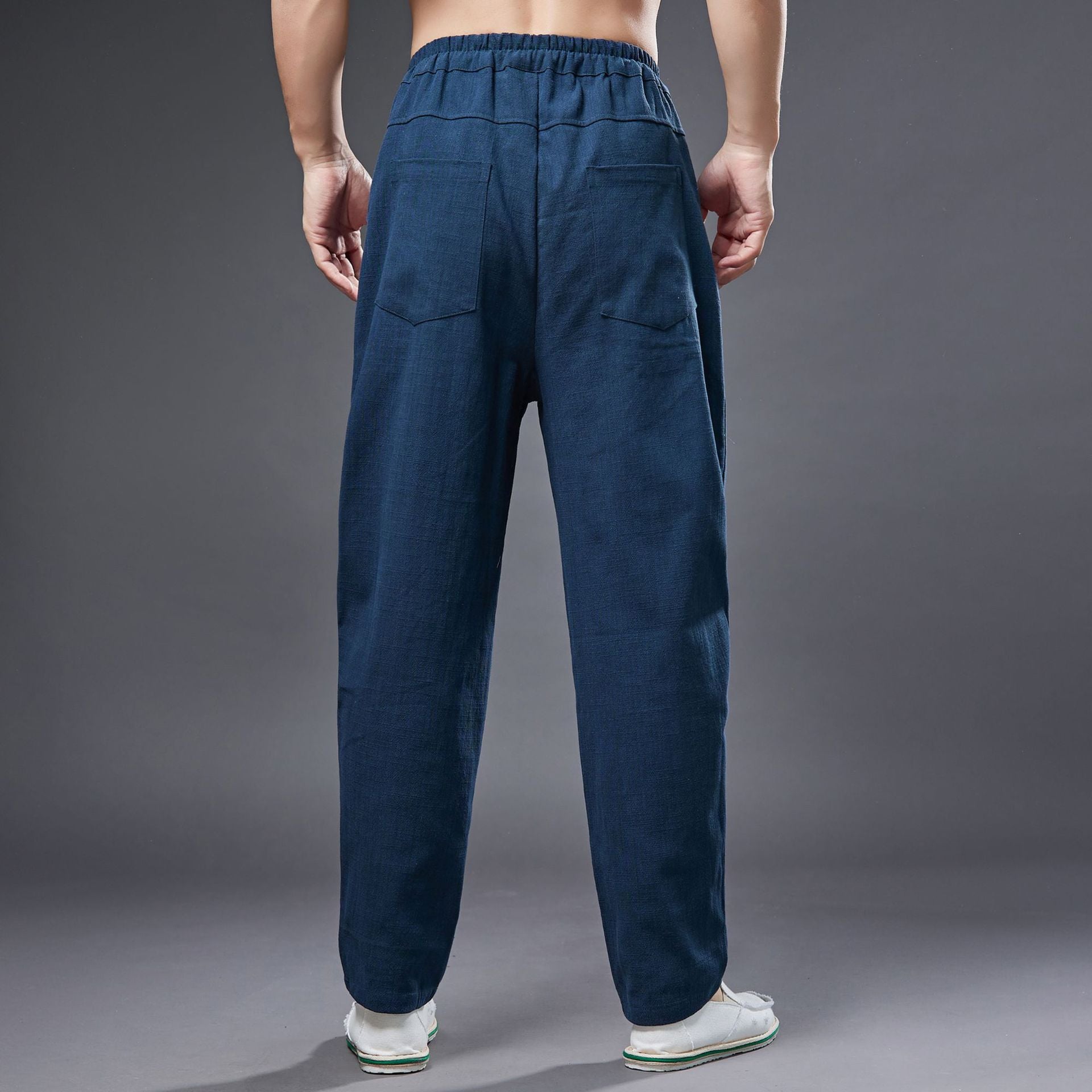 Summer men's cotton linen tapered trousers . Vintage loose casual elastic waist trousers