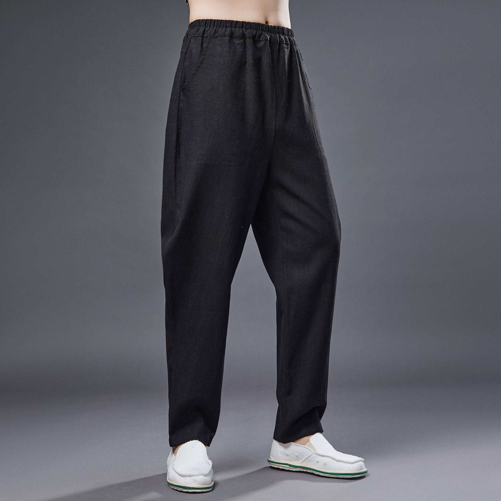 Summer men's cotton linen tapered trousers . Vintage loose casual elastic waist trousers