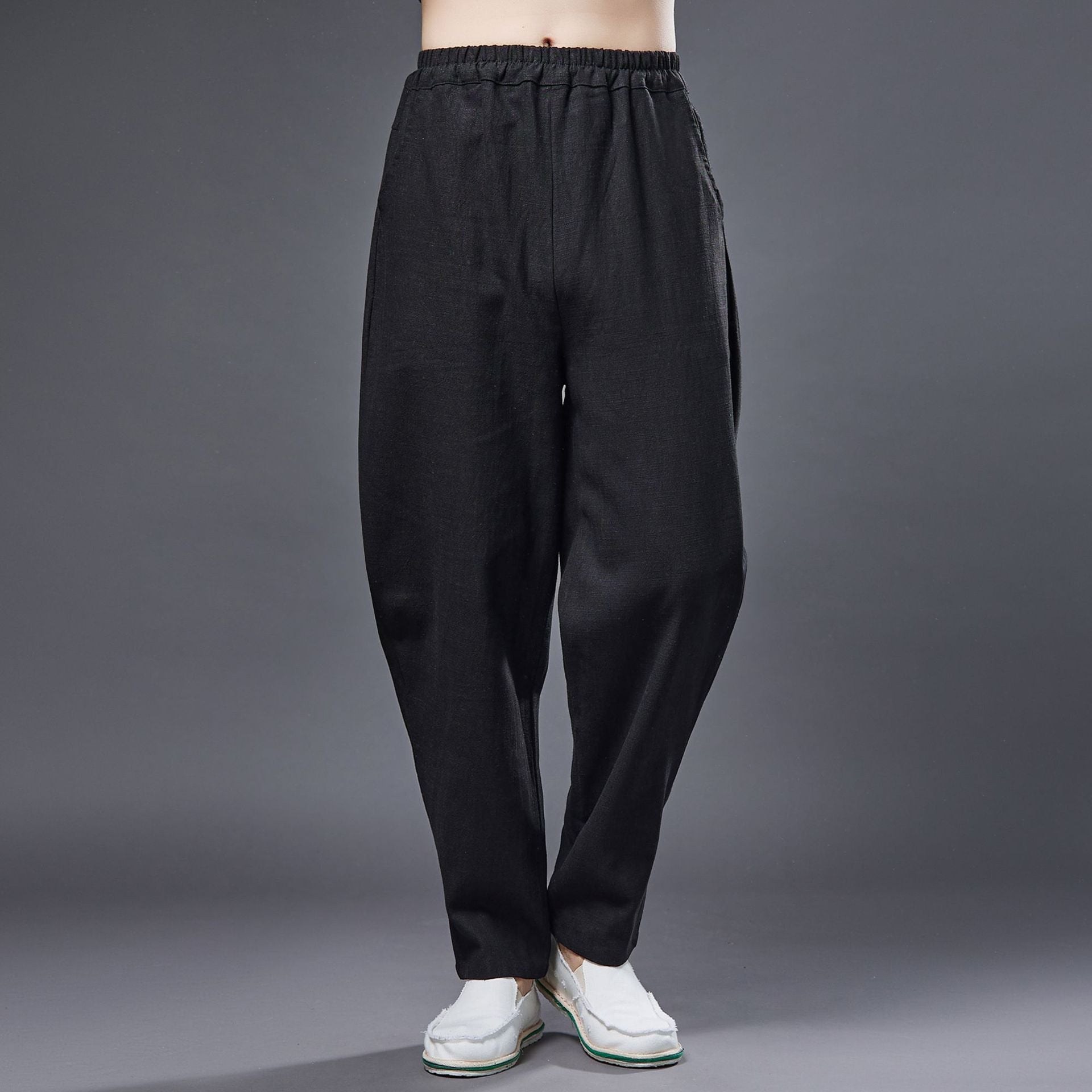 Summer men's cotton linen tapered trousers . Vintage loose casual elastic waist trousers