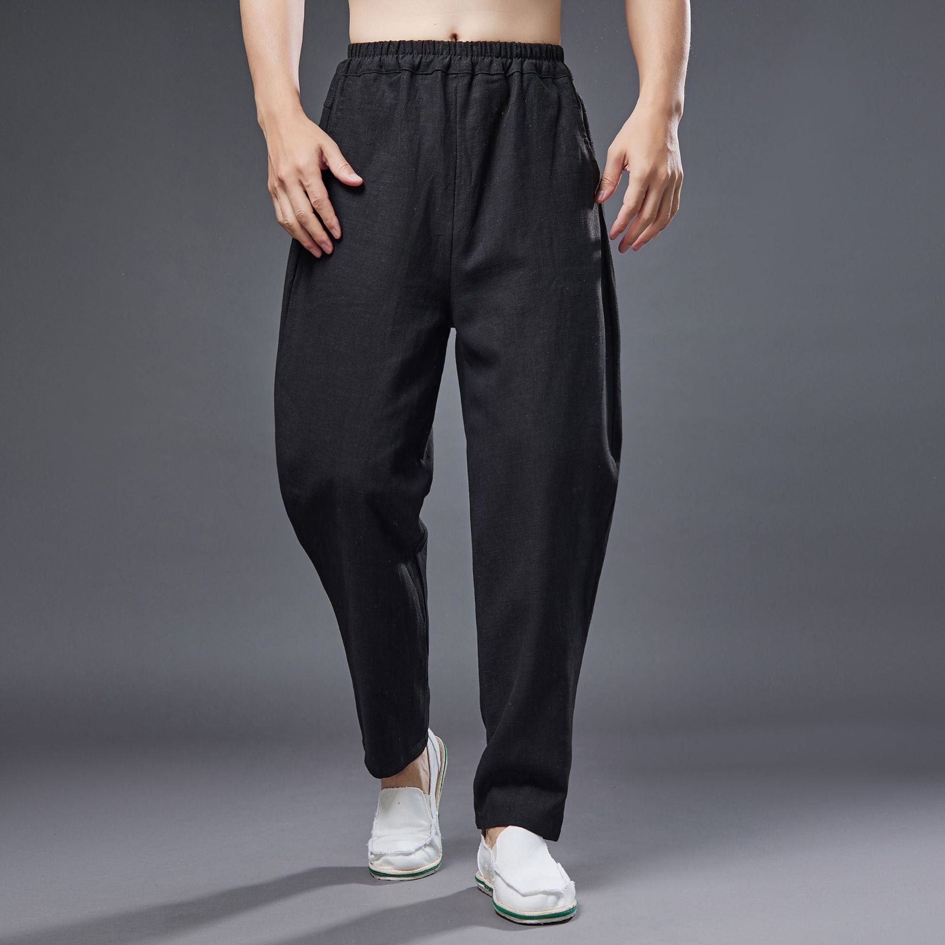 Summer men's cotton linen tapered trousers . Vintage loose casual elastic waist trousers