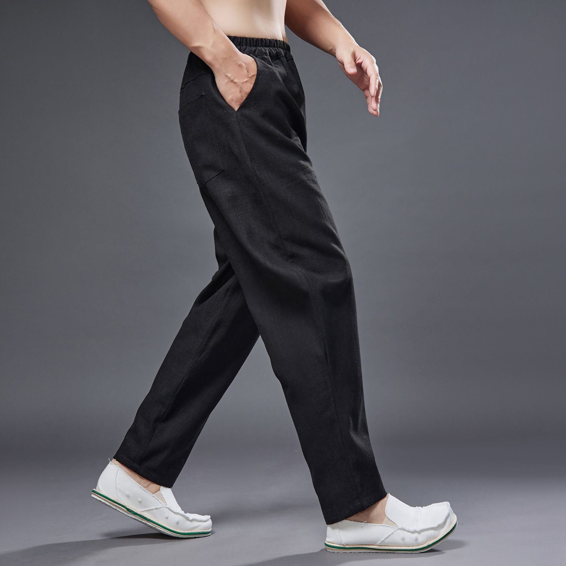 Summer men's cotton linen tapered trousers . Vintage loose casual elastic waist trousers