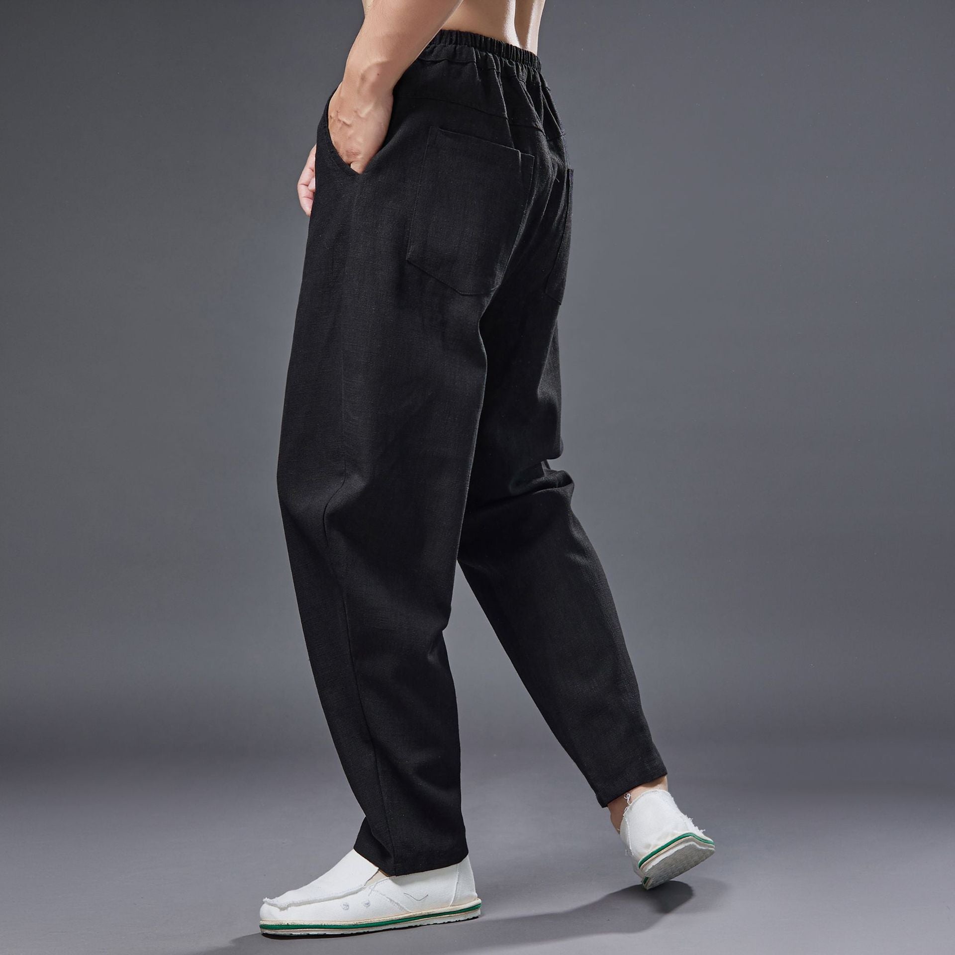 Summer men's cotton linen tapered trousers . Vintage loose casual elastic waist trousers