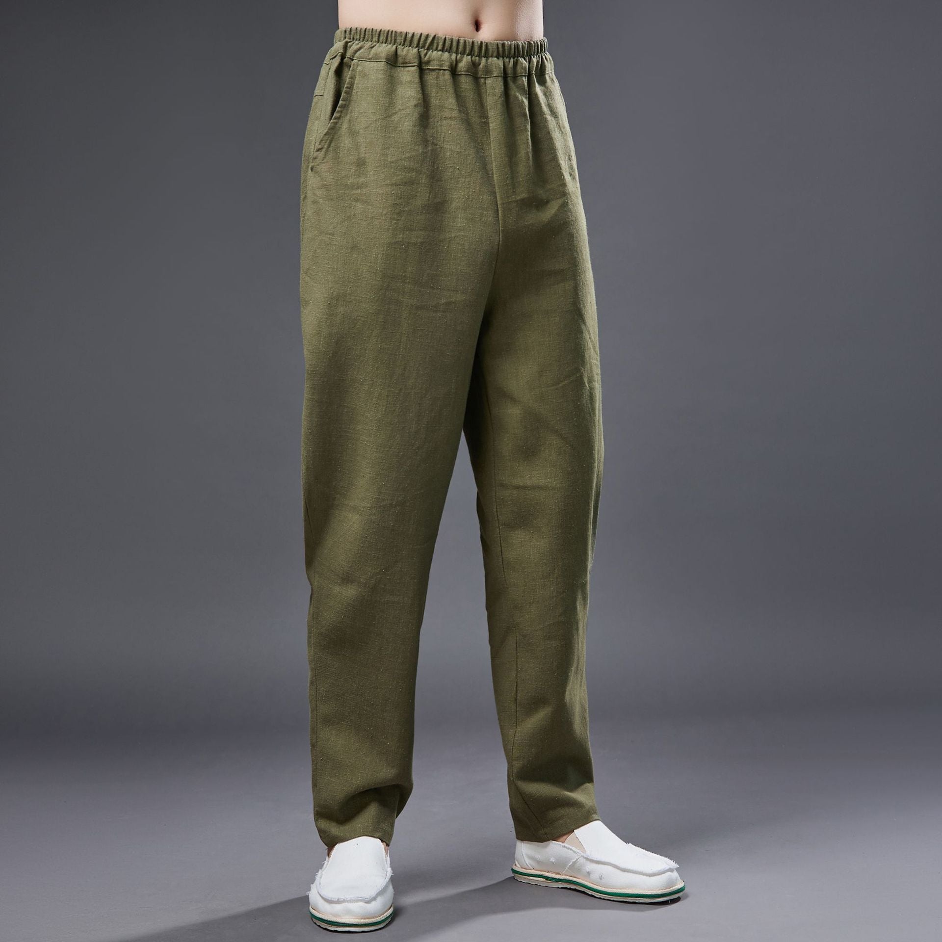 Summer men's cotton linen tapered trousers . Vintage loose casual elastic waist trousers