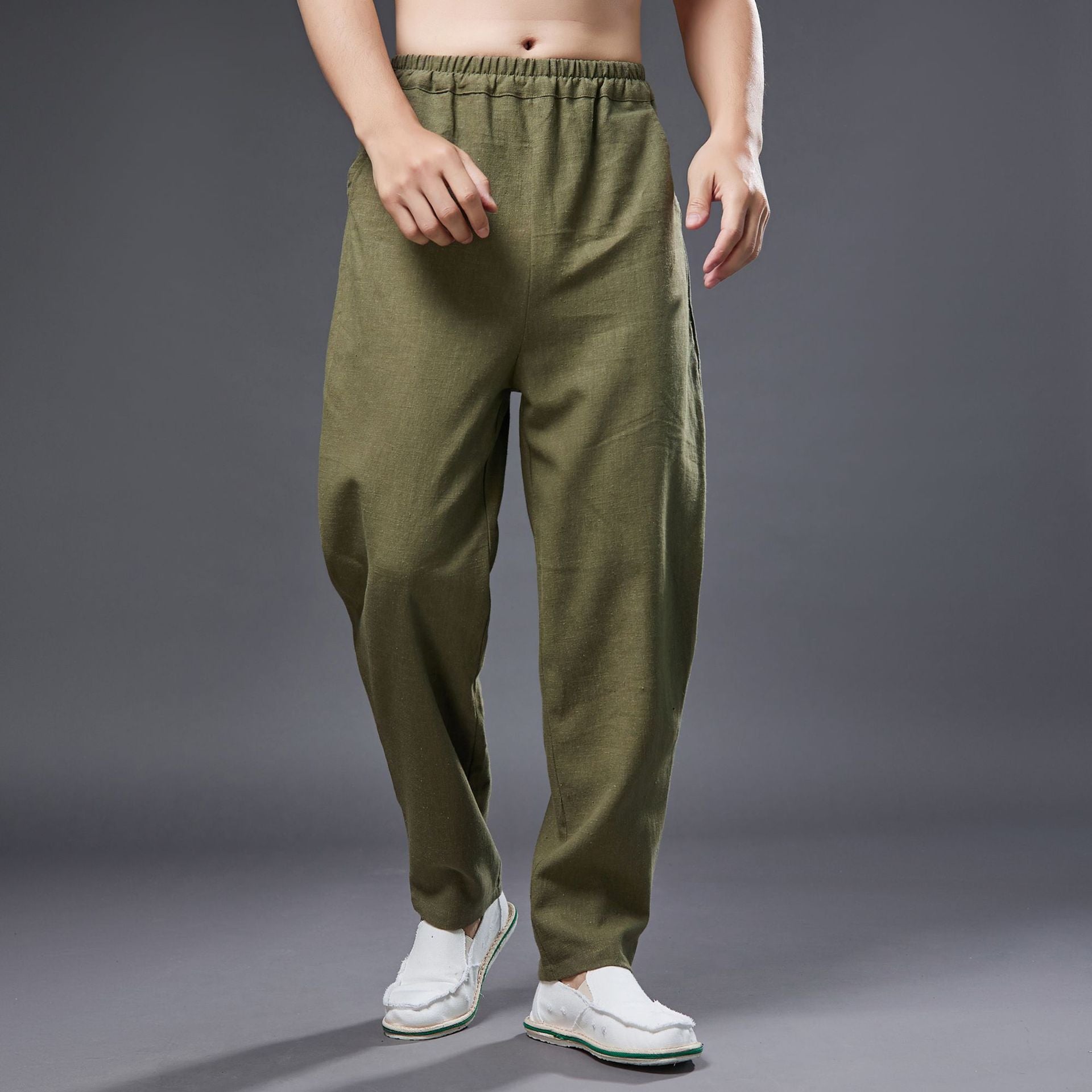 Summer men's cotton linen tapered trousers . Vintage loose casual elastic waist trousers