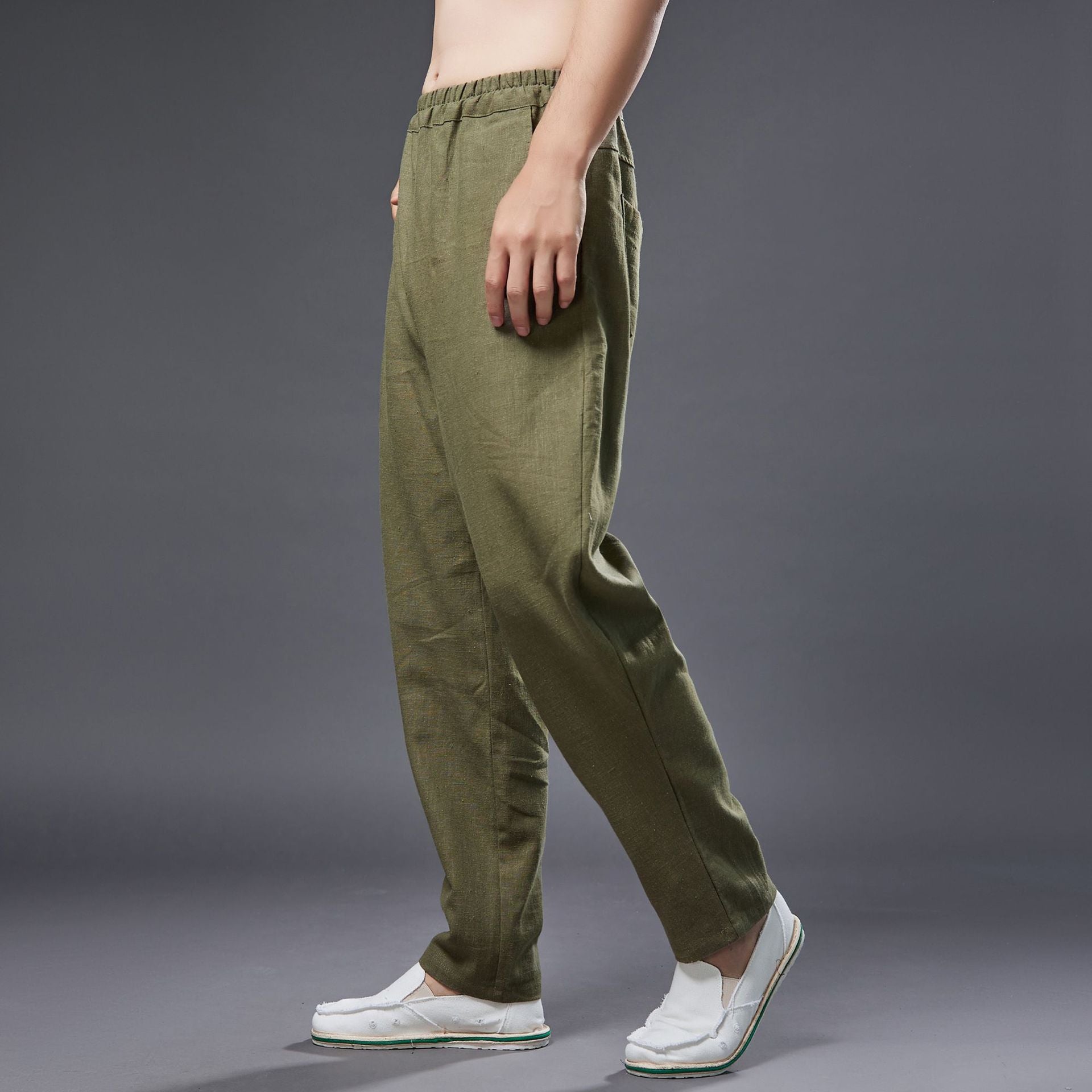 Summer men's cotton linen tapered trousers . Vintage loose casual elastic waist trousers