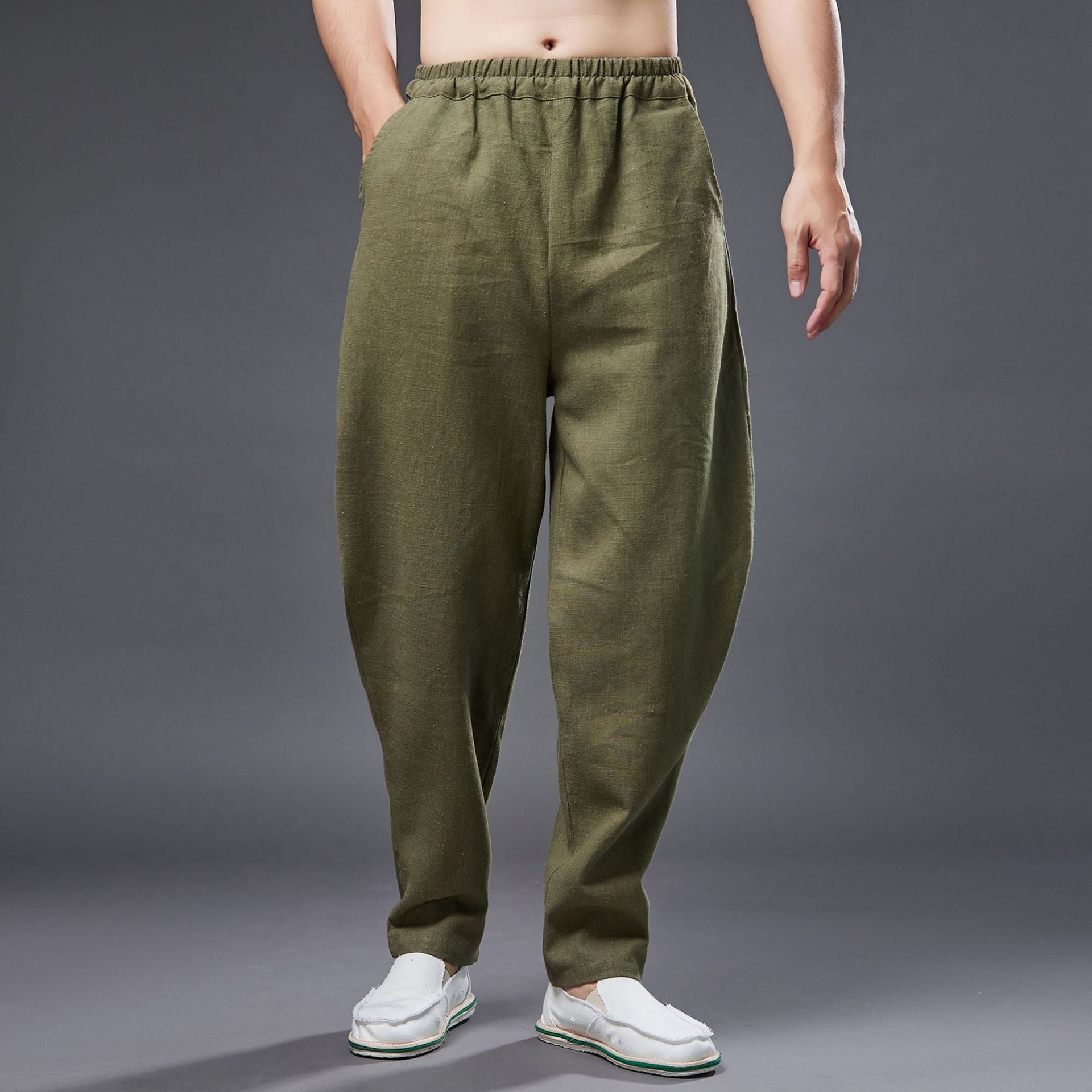 Summer men's cotton linen tapered trousers . Vintage loose casual elastic waist trousers