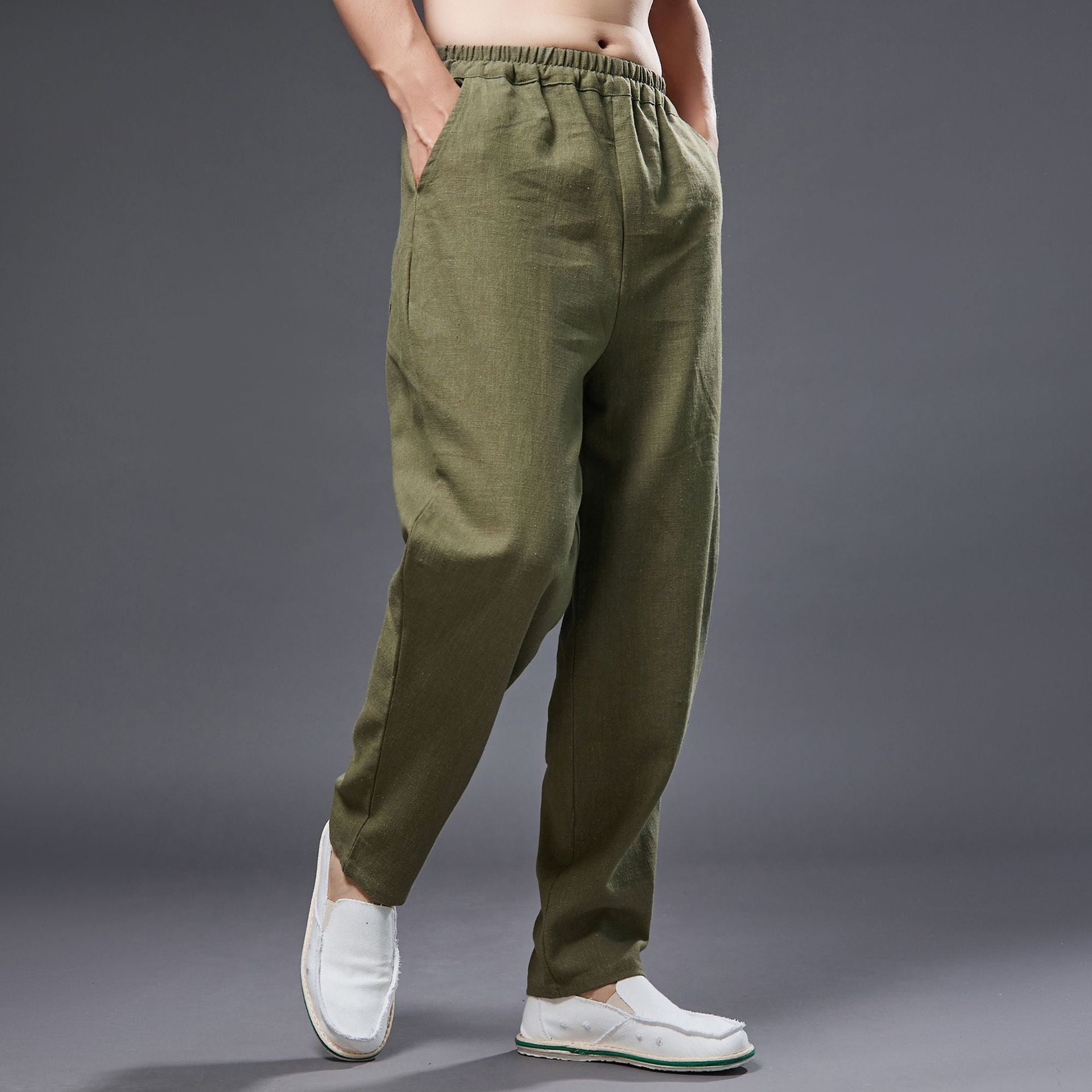 Summer men's cotton linen tapered trousers . Vintage loose casual elastic waist trousers